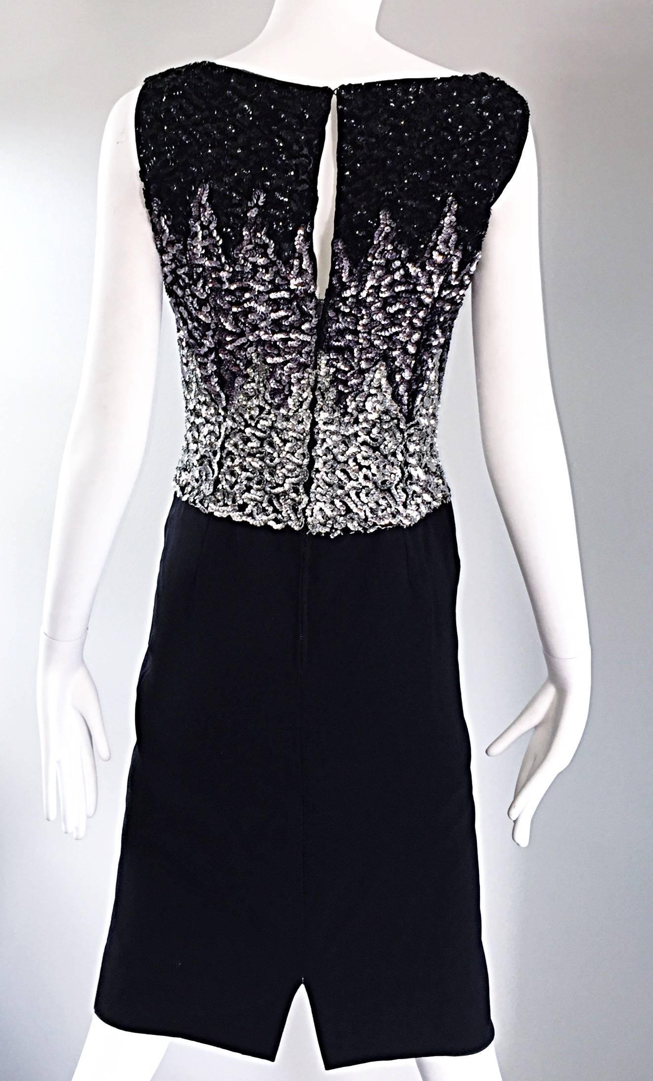 Beautiful Vintage 1950s Black and Silver Sequined Crepe 50s Wiggle Shift Dress  For Sale 2