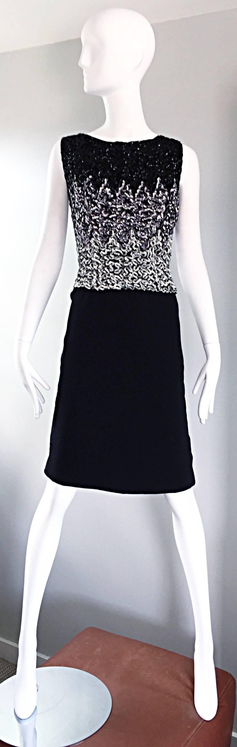 Beautiful Vintage 1950s Black and Silver Sequined Crepe 50s Wiggle Shift Dress  For Sale 3