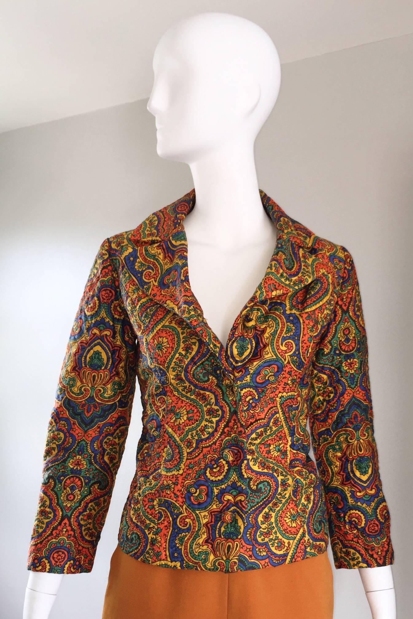 Brown Rare Vintage Wippette 1960s Mod Paisley Cotton Quilted Psychedelic Blazer Jacket