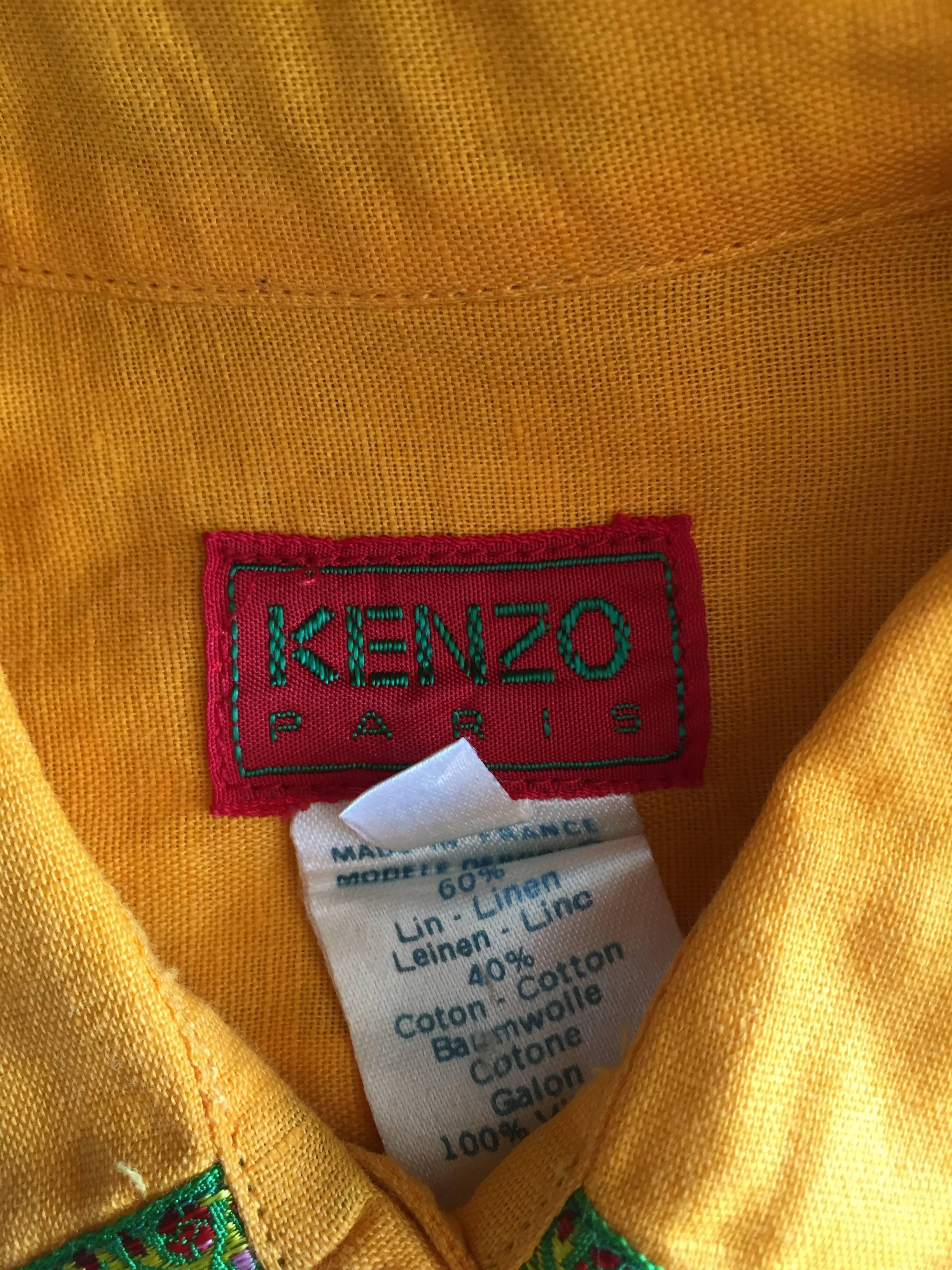 Vintage Kenzo 1990s Marigold Yellow German Inspired Linen + Cotton Blouse Top For Sale 6