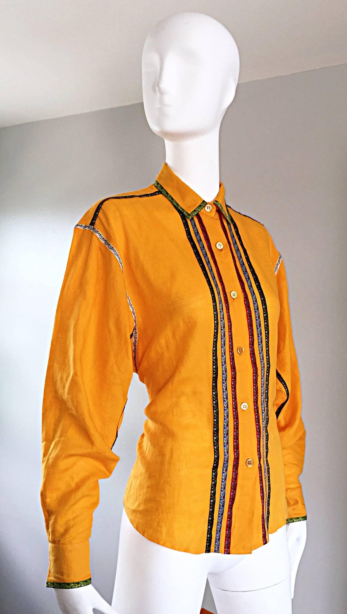 Vintage Kenzo 1990s Marigold Yellow German Inspired Linen + Cotton Blouse Top In Excellent Condition For Sale In San Diego, CA