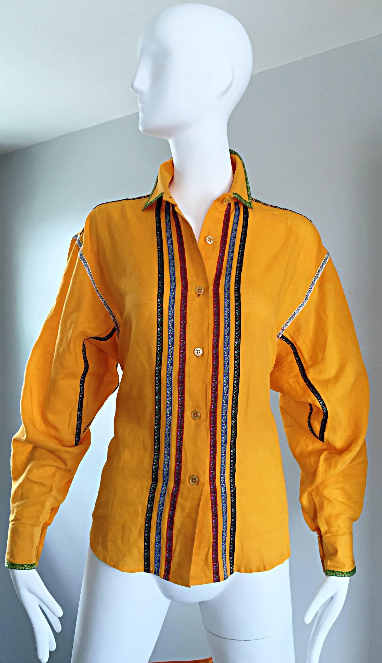 Vintage Kenzo 1990s Marigold Yellow German Inspired Linen + Cotton Blouse Top For Sale 1