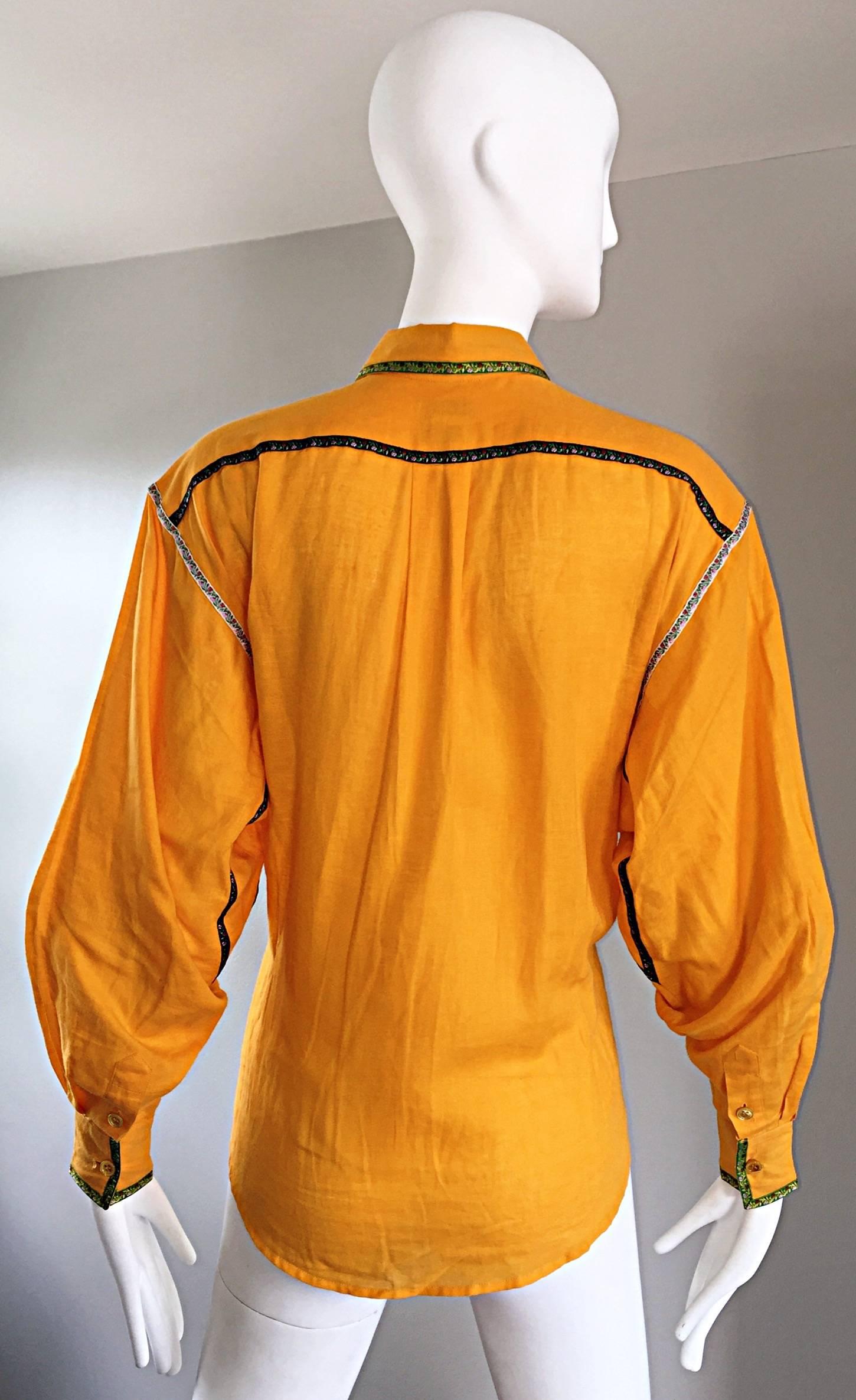 Vintage Kenzo 1990er Marigold Gelb Deutsch inspirierte Bluse aus Leinen + Baumwolle im Angebot 2
