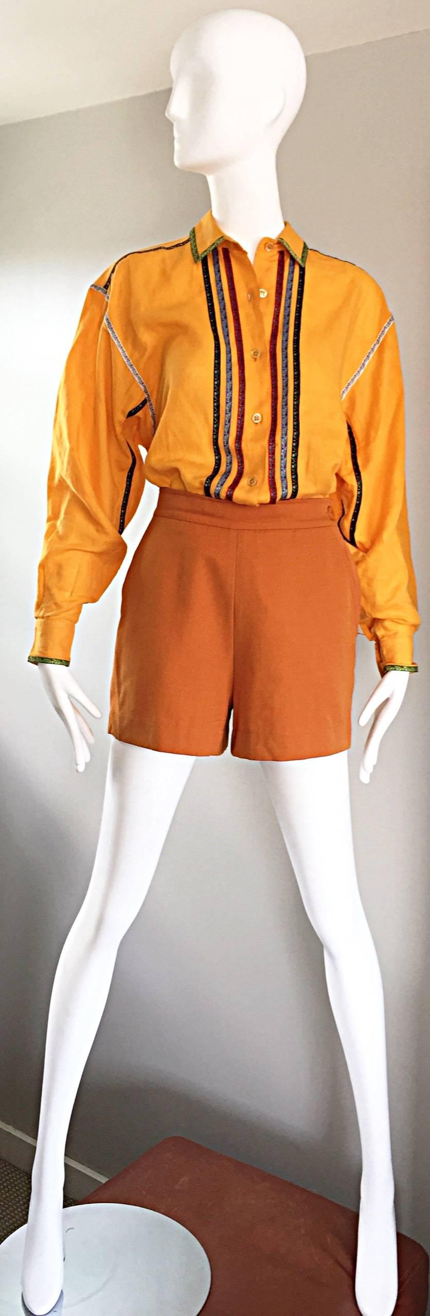 Vintage Kenzo 1990s Marigold Yellow German Inspired Linen + Cotton Blouse Top 3