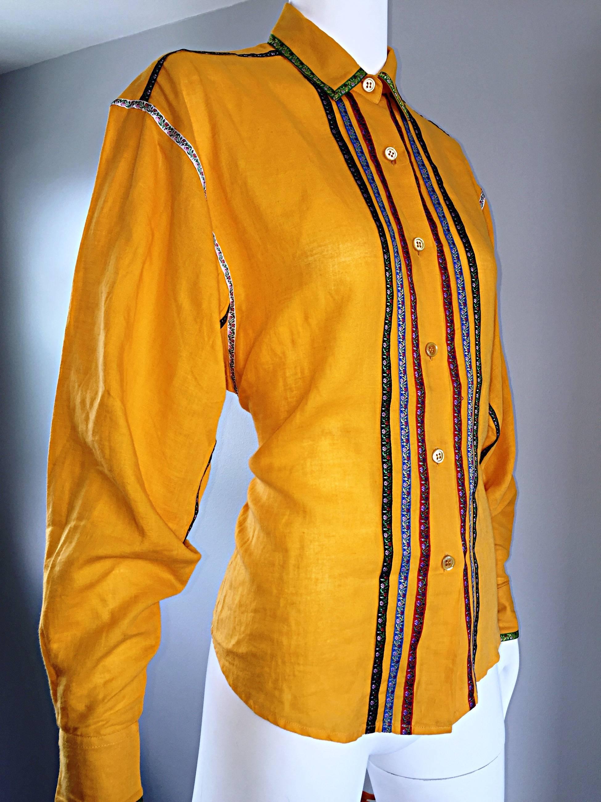 Vintage Kenzo 1990s Marigold Yellow German Inspired Linen + Cotton Blouse Top For Sale 4
