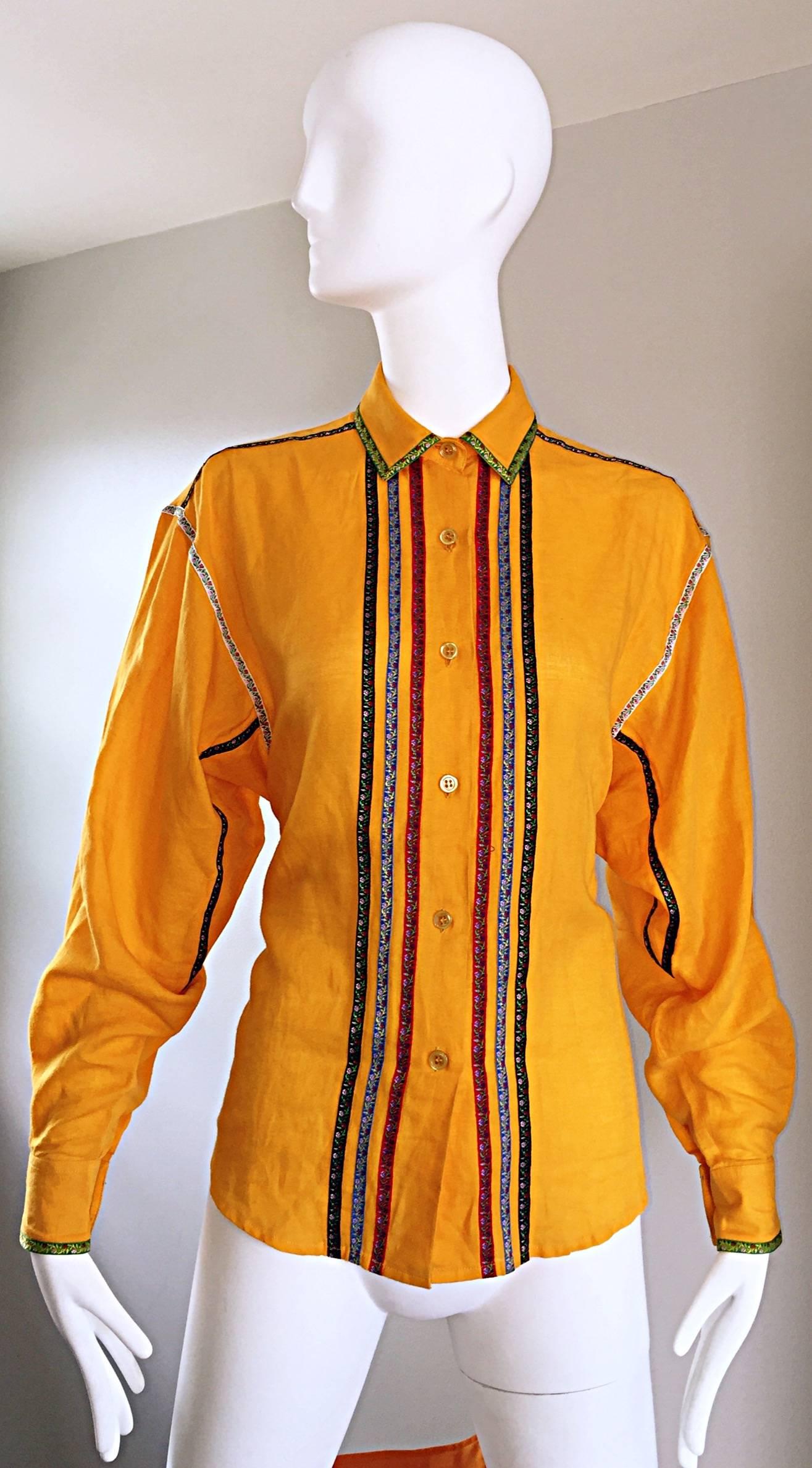 Vintage Kenzo 1990s Marigold Yellow German Inspired Linen + Cotton Blouse Top For Sale 5