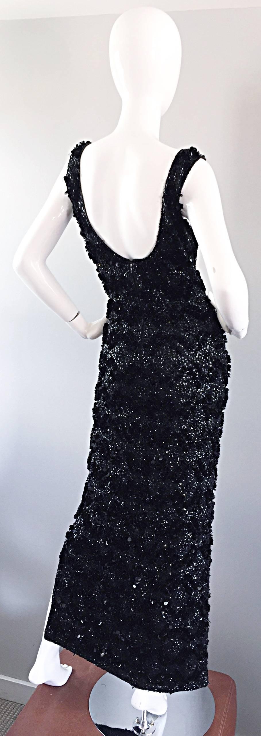 Incredible 1950s Vintage Black Sequin Beaded Wool 50s Wiggle Evening Dress Gown  For Sale 1