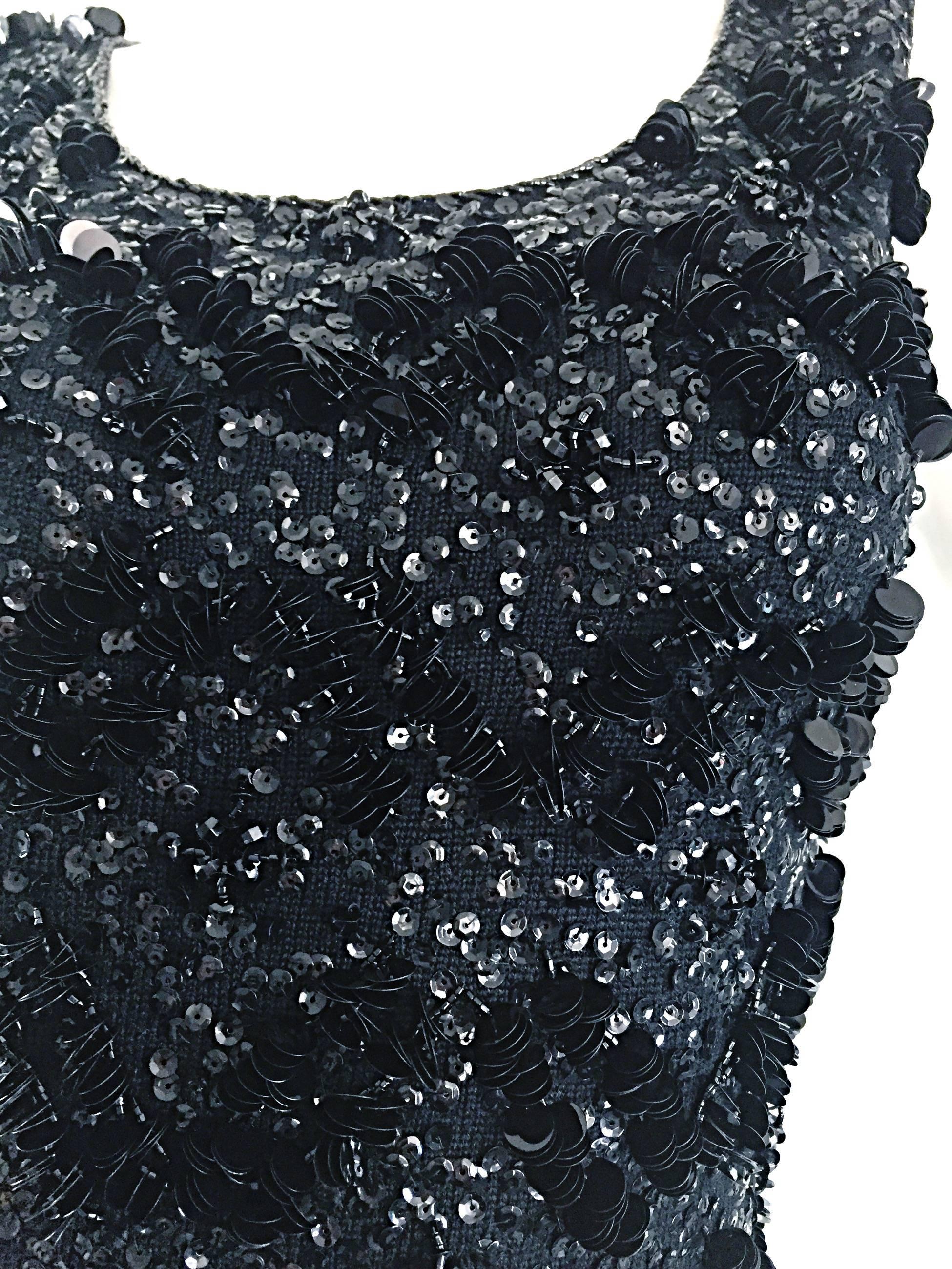Women's Incredible 1950s Vintage Black Sequin Beaded Wool 50s Wiggle Evening Dress Gown  For Sale