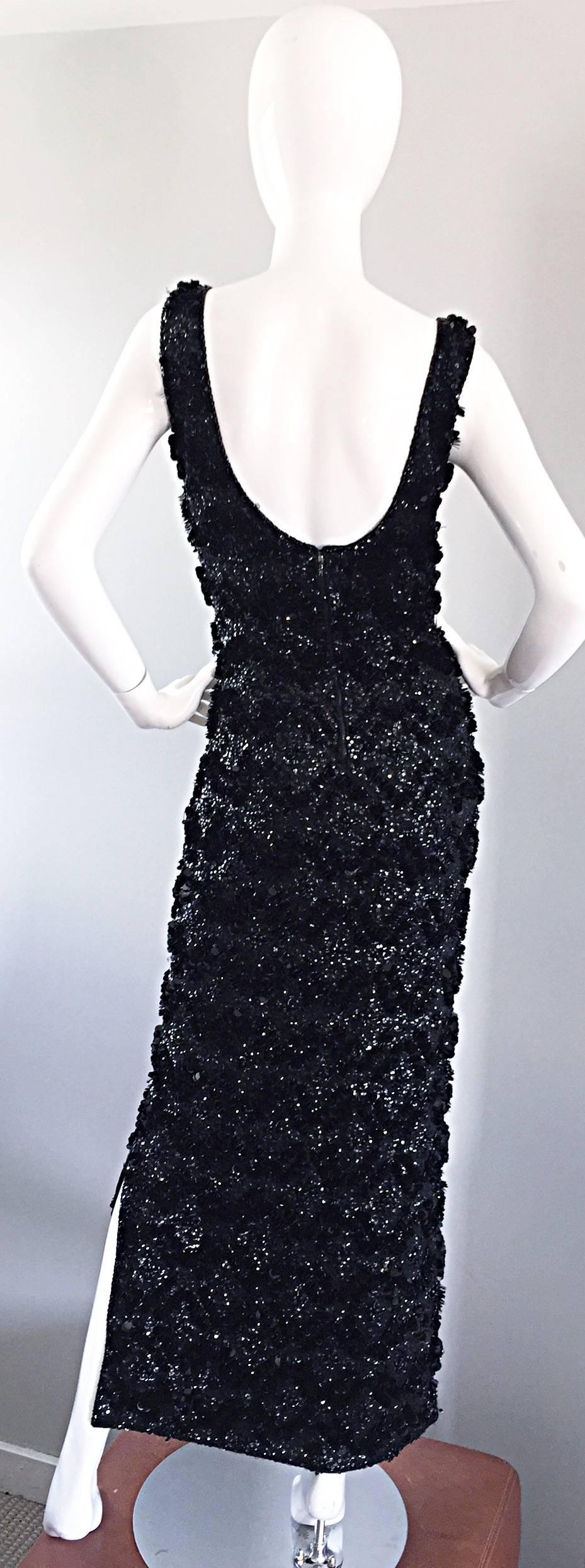 Incredible 1950s Vintage Black Sequin Beaded Wool 50s Wiggle Evening Dress Gown  In Excellent Condition For Sale In San Diego, CA