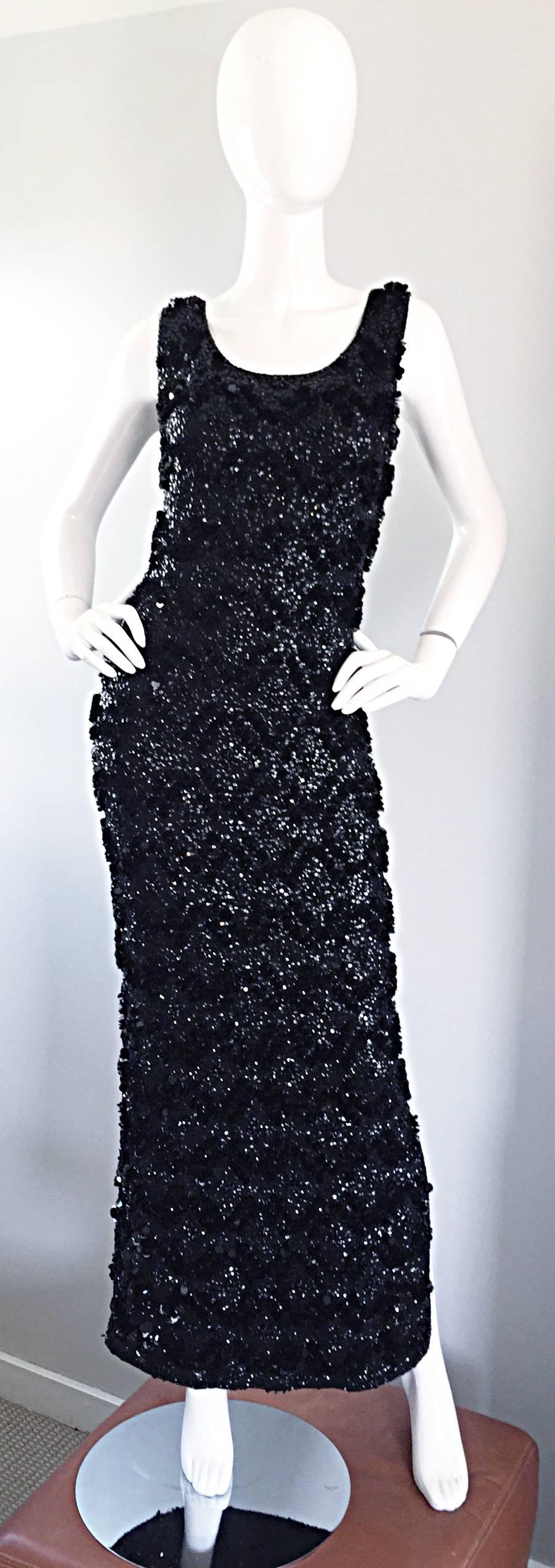 Incredible 1950s Vintage Black Sequin Beaded Wool 50s Wiggle Evening Dress Gown  For Sale 2