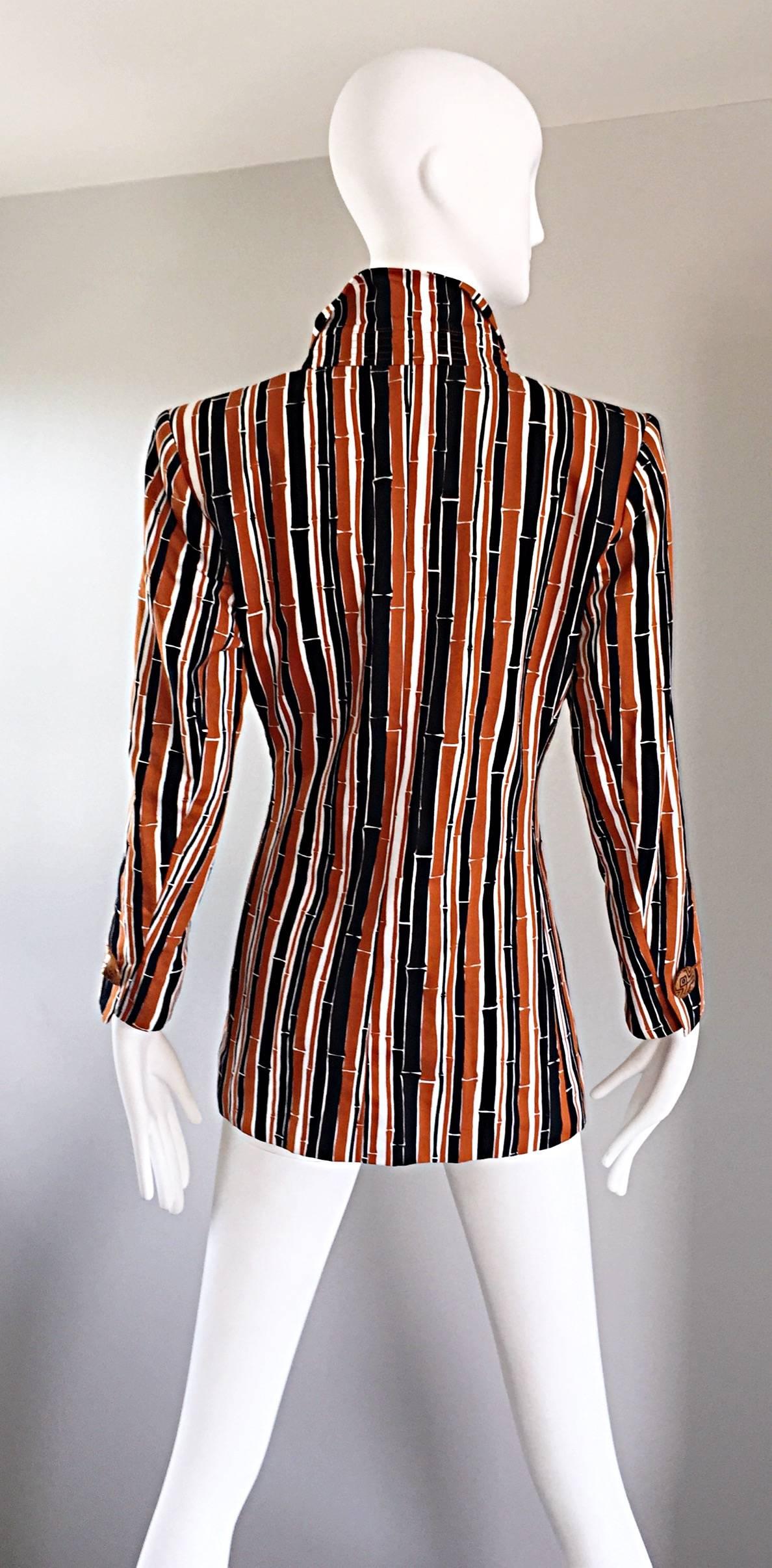 Brown YSL Vintage Yves Saint Laurent Rive Gauche Bamboo Print Cotton Blazer Jacket 