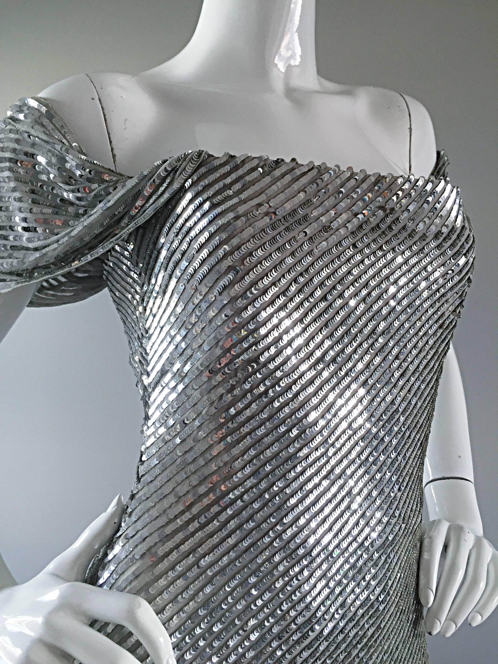 Bill Blass Couture Vintage Fully Sequined Silver Silk Grecian Gown  In New Condition In San Diego, CA