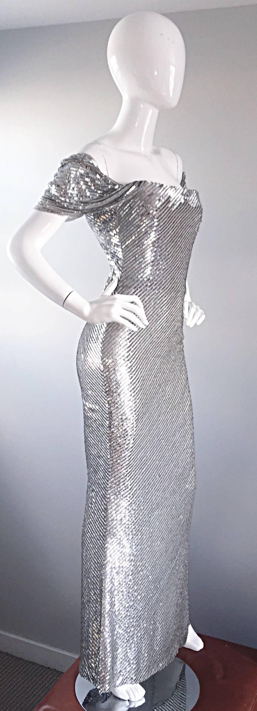 Women's Bill Blass Couture Vintage Fully Sequined Silver Silk Grecian Gown 