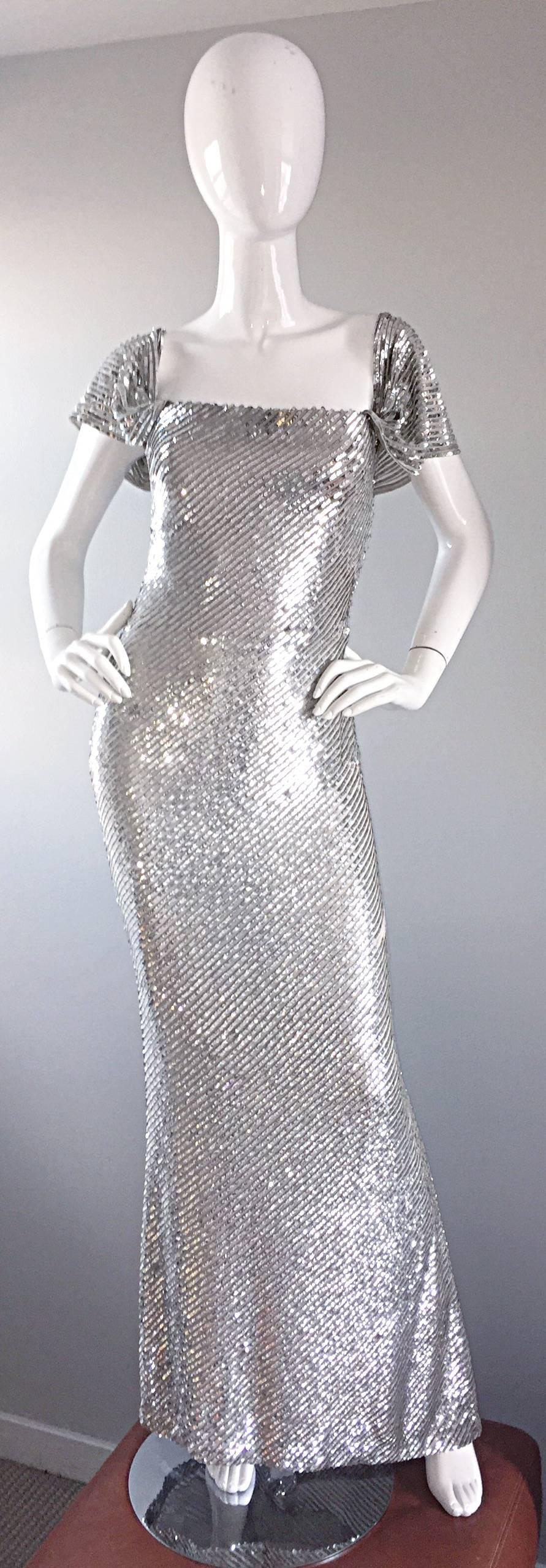 Bill Blass Couture Vintage Fully Sequined Silver Silk Grecian Gown  1