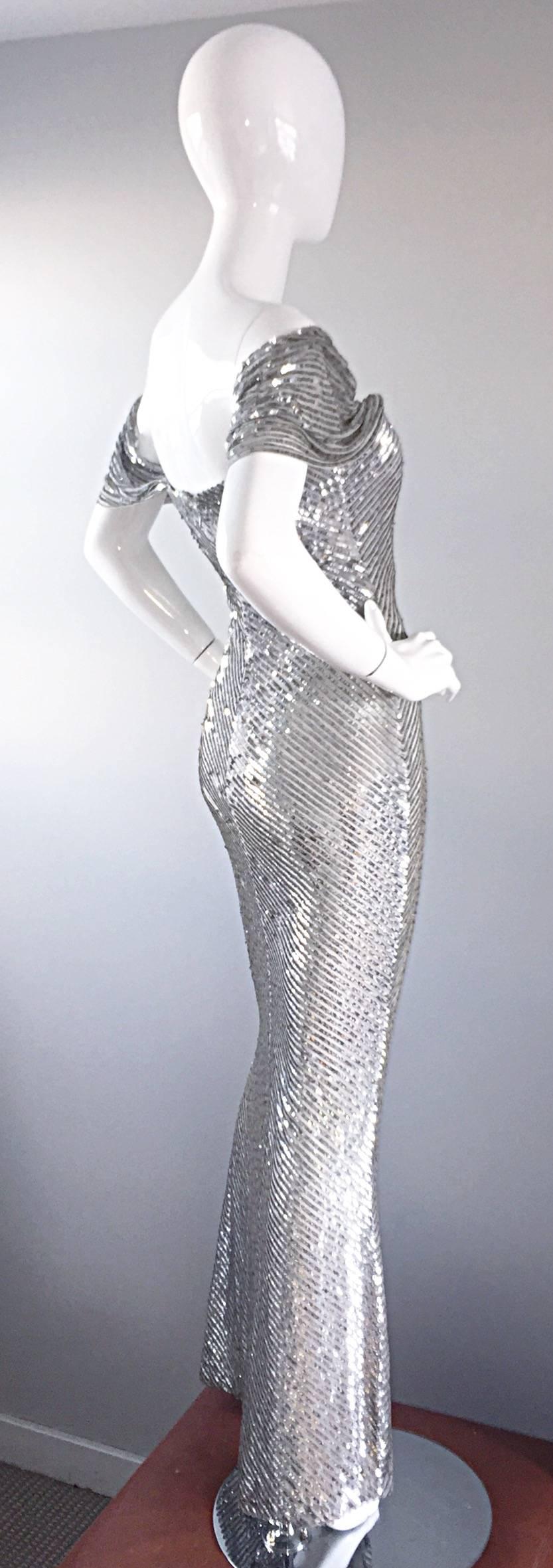 Bill Blass Couture Vintage Fully Sequined Silver Silk Grecian Gown  3
