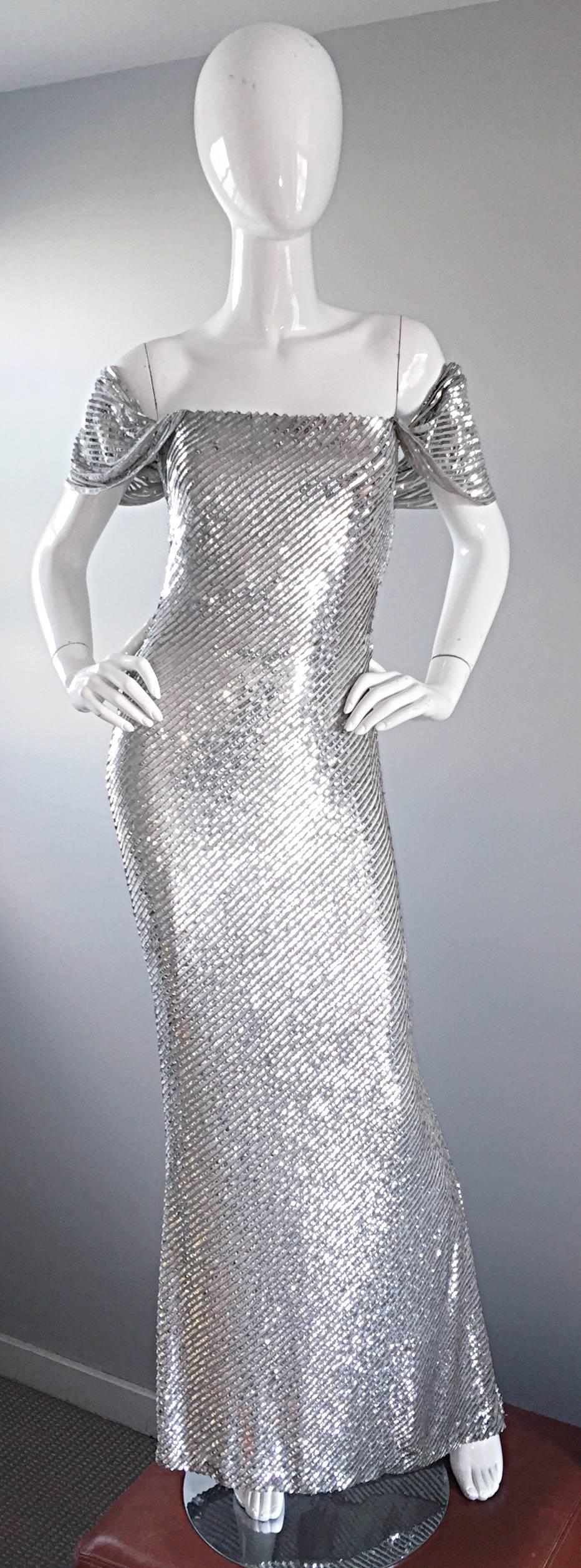 Bill Blass Couture Vintage Fully Sequined Silver Silk Grecian Gown  4