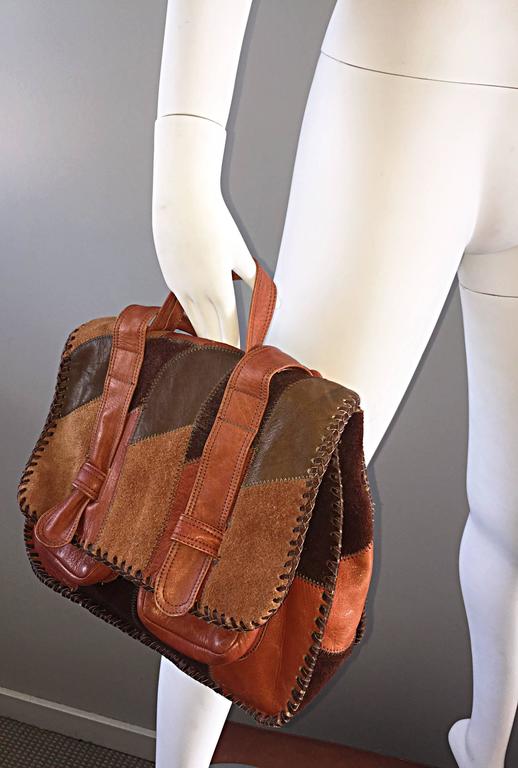 Rare 1970s Char Vintage Leather / Suede Tan and Brown Boho Shoulder Bag Satchel For Sale at 1stDibs