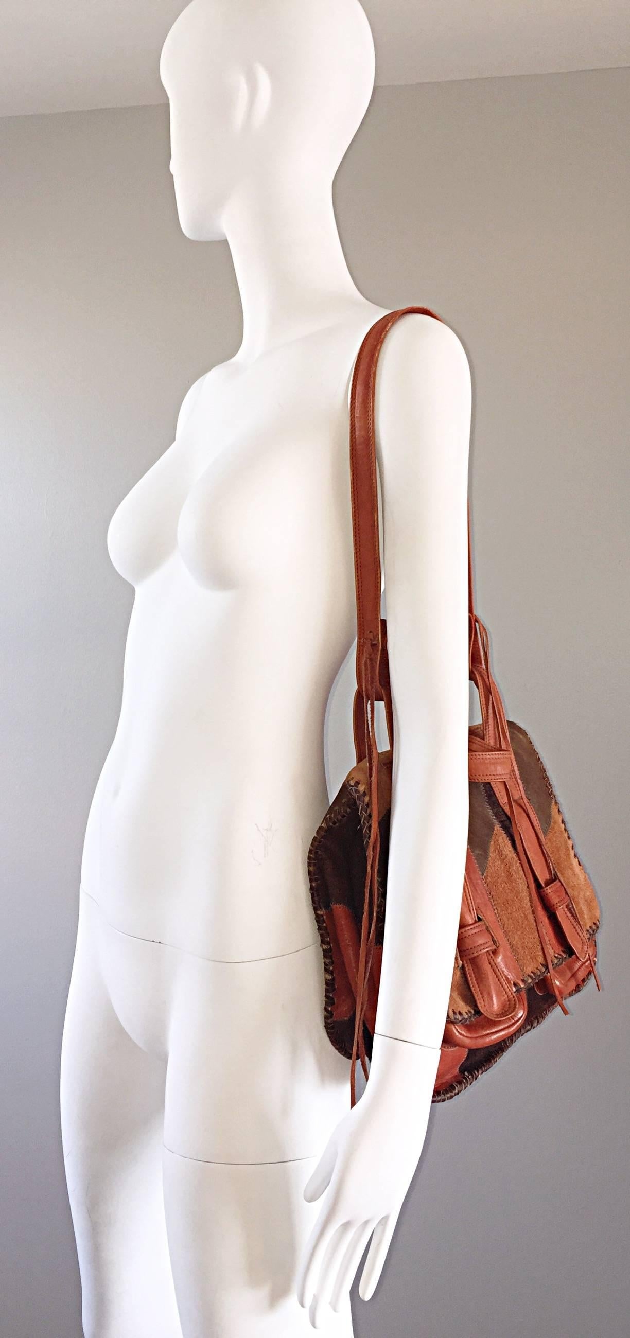 Rare 1970s Char Vintage Leather / Suede Tan and Brown Boho Shoulder Bag Satchel In Excellent Condition In San Diego, CA