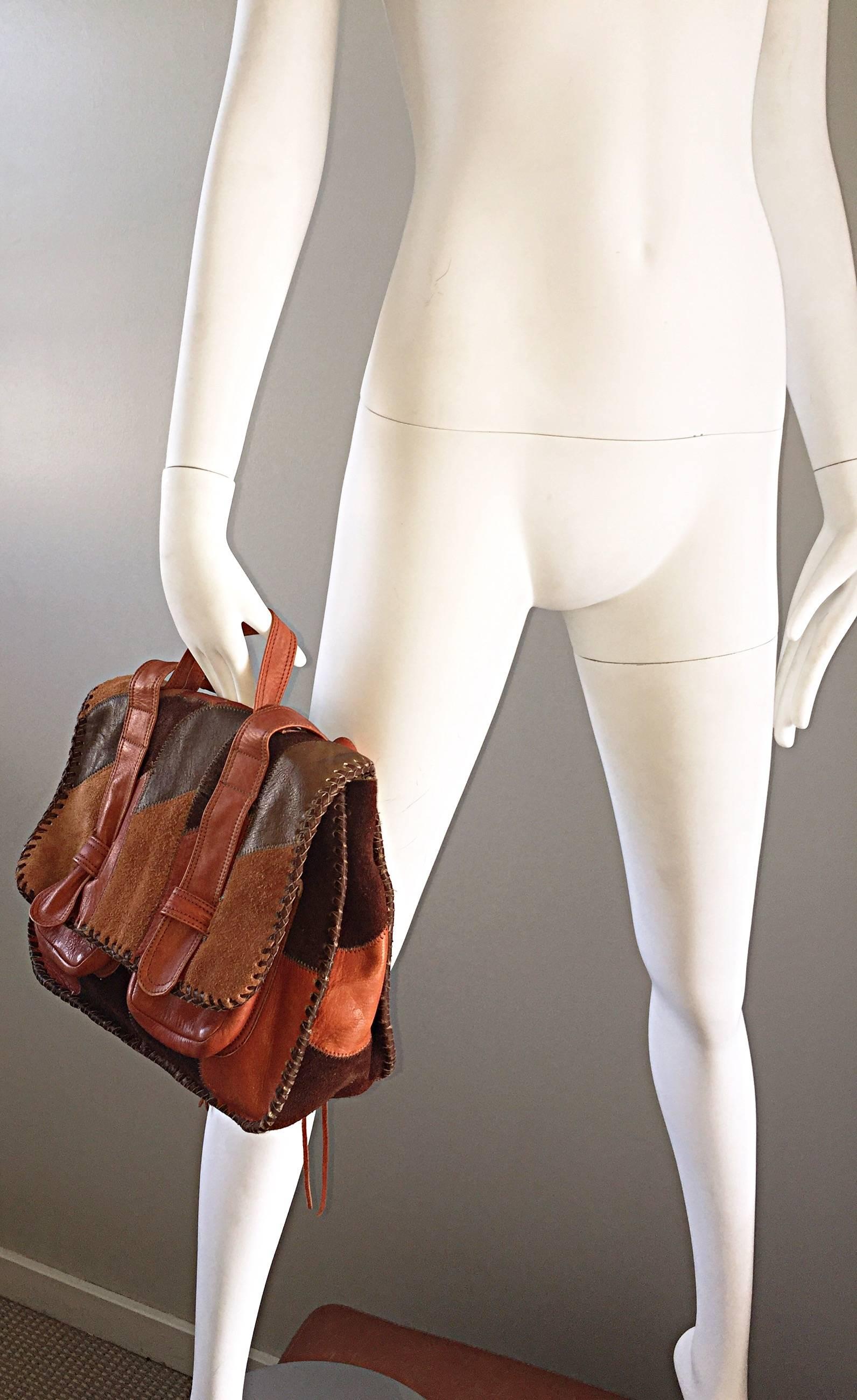Rare 1970s Char Vintage Leather / Suede Tan and Brown Boho Shoulder Bag Satchel 1