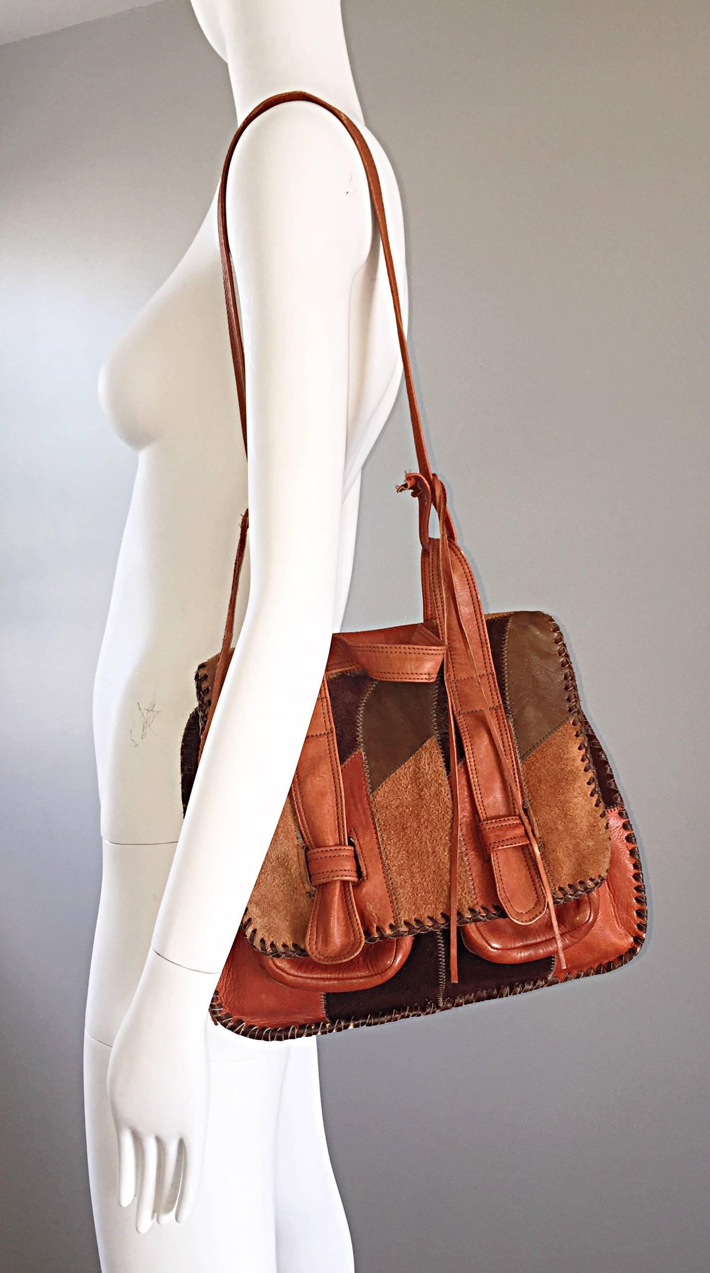 Women's Rare 1970s Char Vintage Leather / Suede Tan and Brown Boho Shoulder Bag Satchel