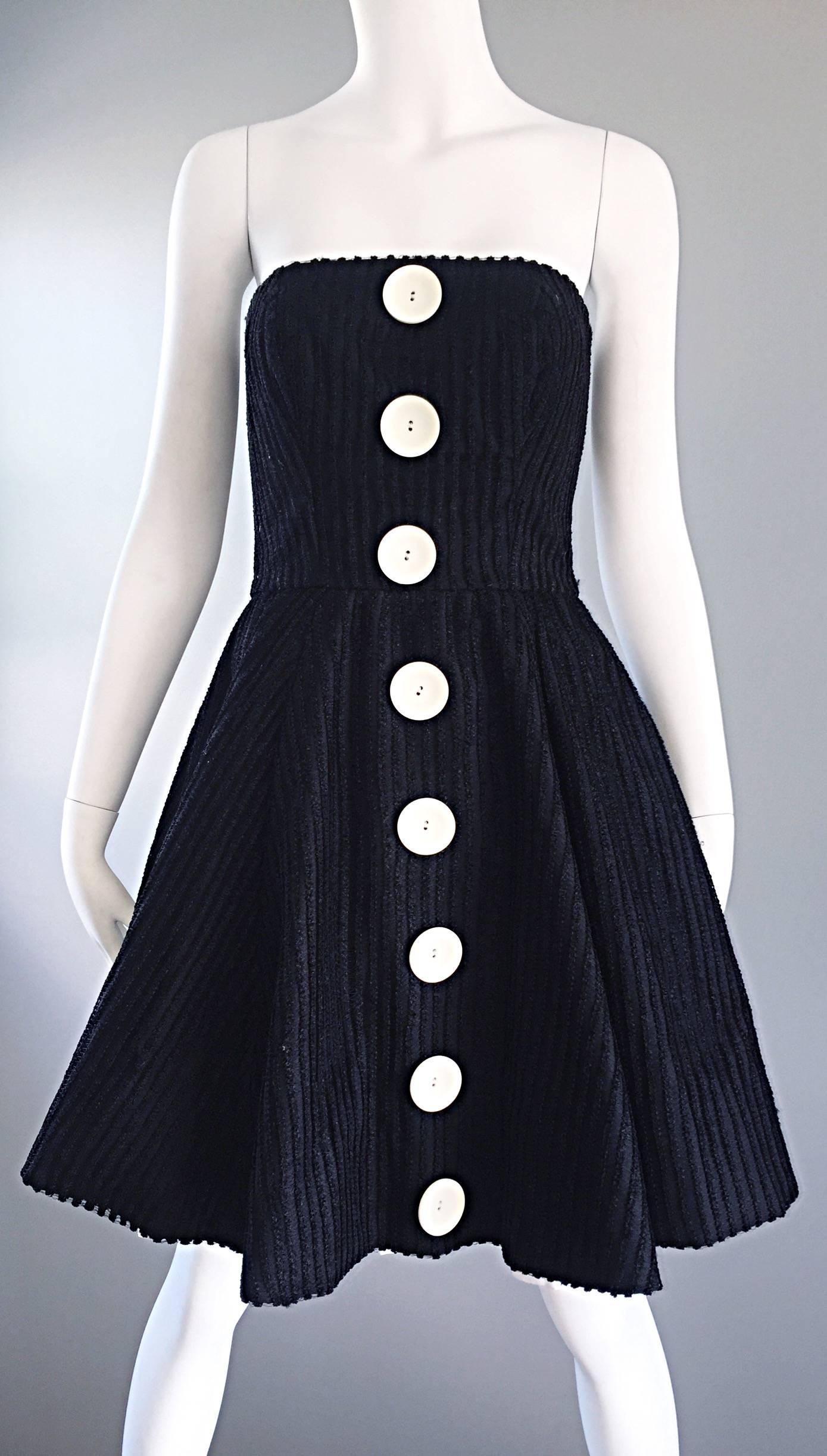 Vintage Christian Lacroix Black and White Fit n' Flare Strapless Button Dress In Excellent Condition For Sale In San Diego, CA