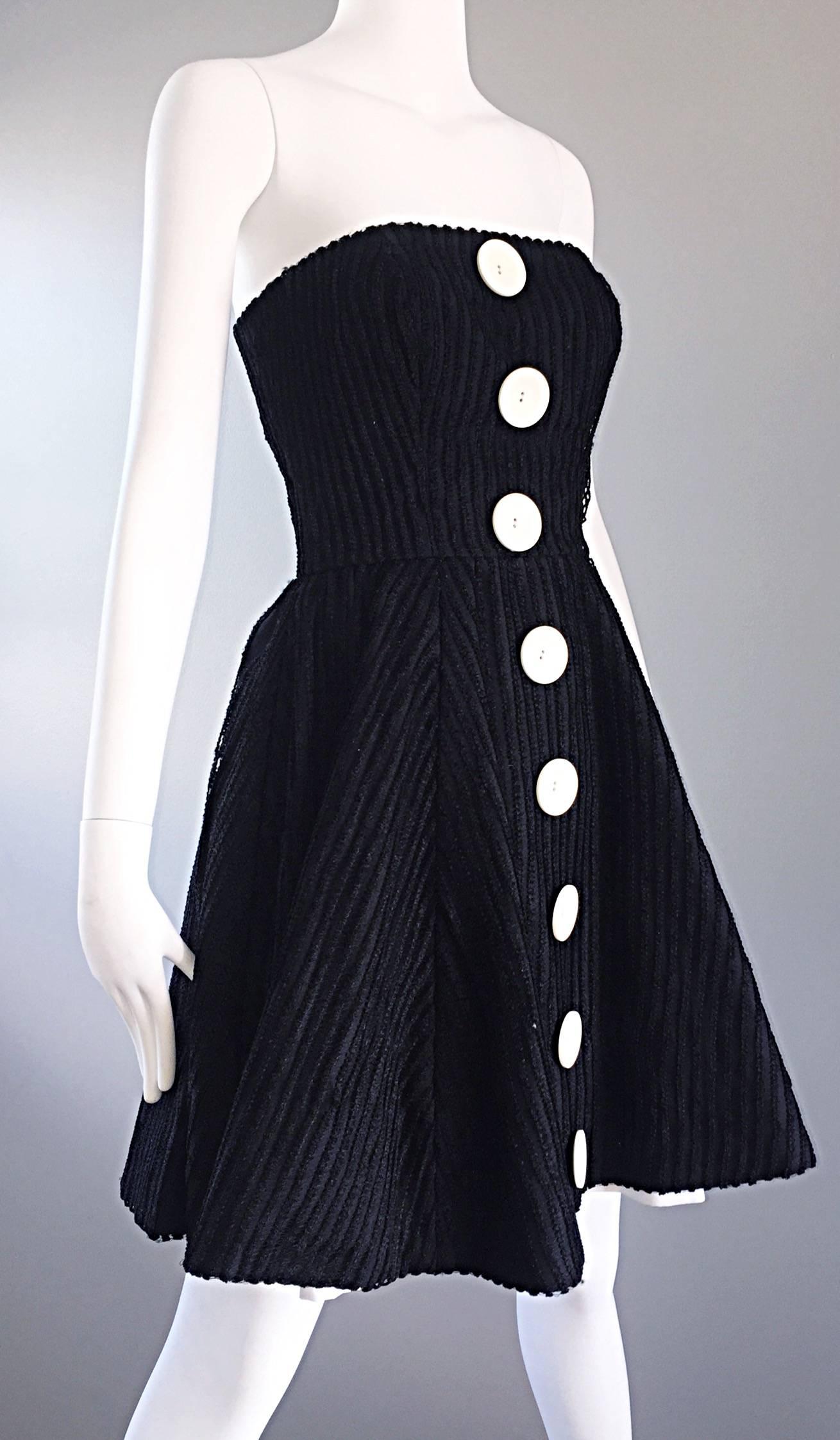 Vintage Christian Lacroix Black and White Fit n' Flare Strapless Button Dress  For Sale 1