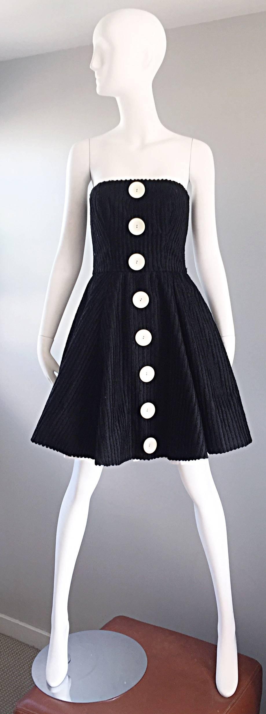 Vintage Christian Lacroix Black and White Fit n' Flare Strapless Button Dress  For Sale 2
