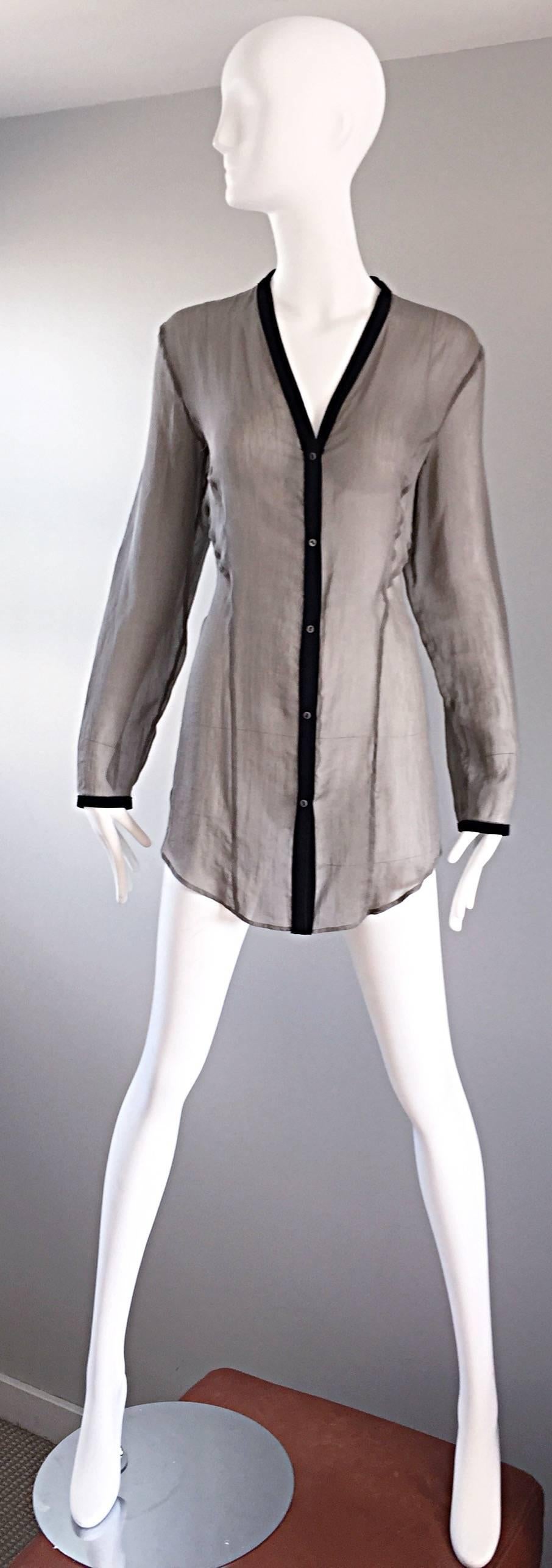 Chic vintage HELMUT LANG early 2000s taupe / gray long sleeve silk chiffon and leather blouse! Features a soft semi sheer silk, with black suede leather trim down the center front, and at each sleeve cuff. Buttons down the bodice and sleeves. Can be