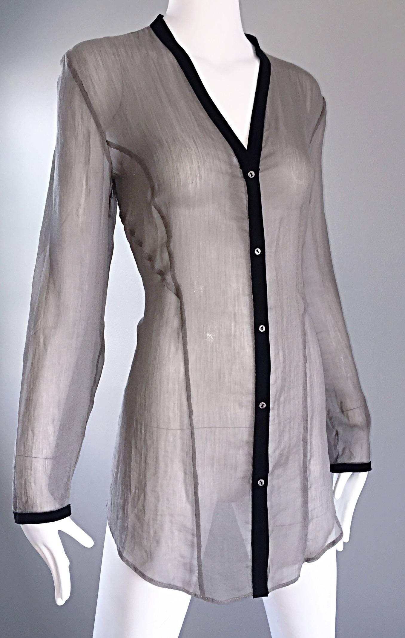 Gris Helmut Lang - Chemisier/tunique vintage à manches longues en soie et cuir semi-transparente, années 2000 en vente