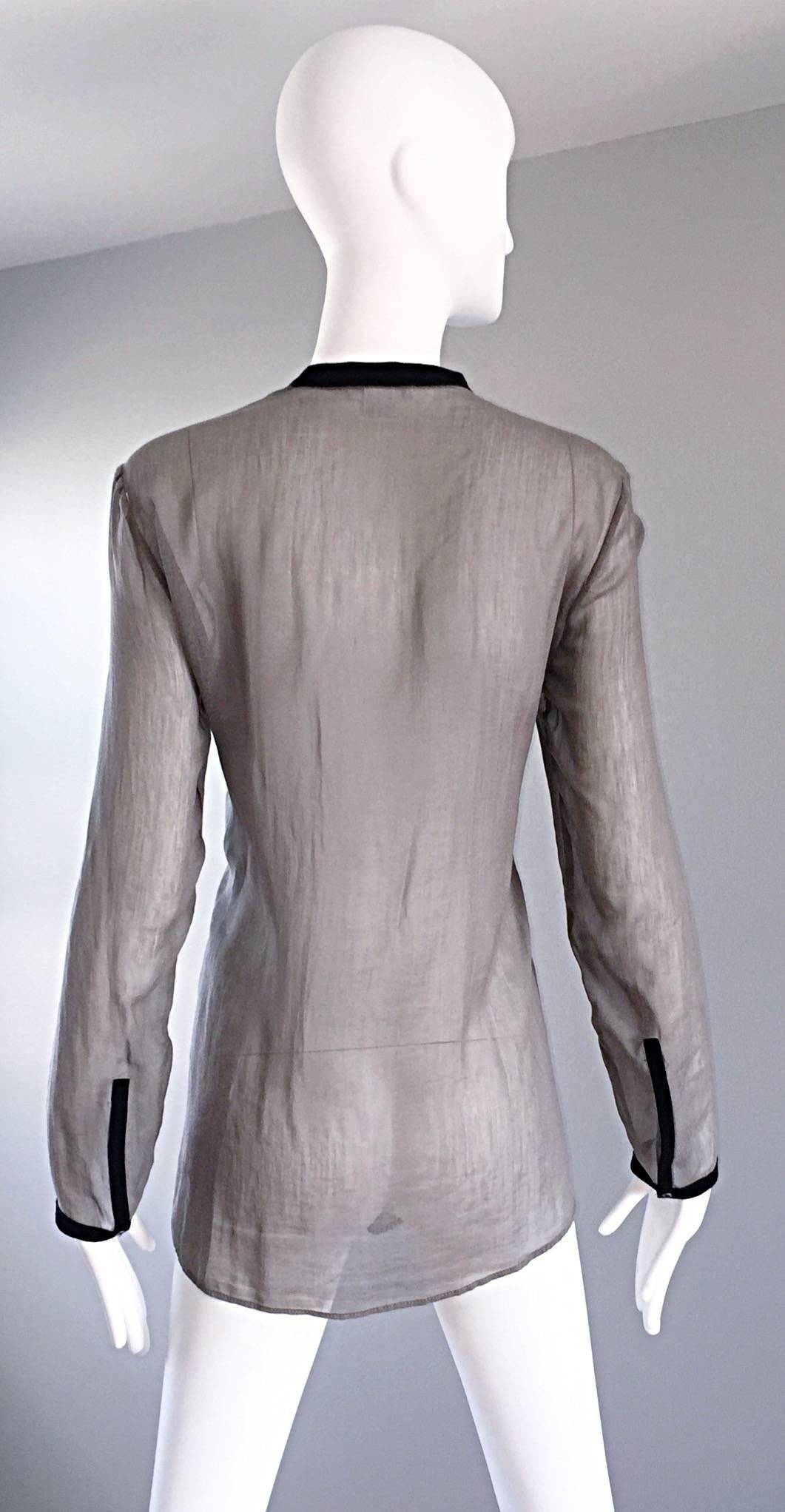 Helmut Lang 2000er Seide + Leder halbdurchsichtige langärmlige Vintage-Bluse / Tunika im Zustand „Hervorragend“ im Angebot in San Diego, CA