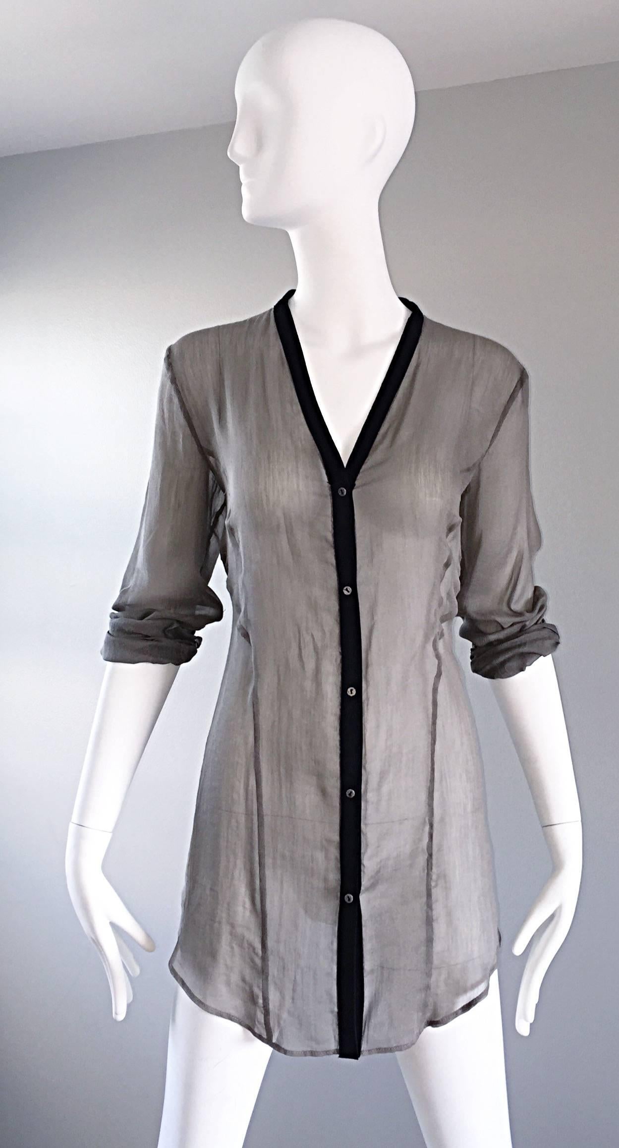 Helmut Lang 2000s Silk + Leather Semi Sheer Long Sleeve Vintage Blouse / Tunic In Excellent Condition For Sale In San Diego, CA