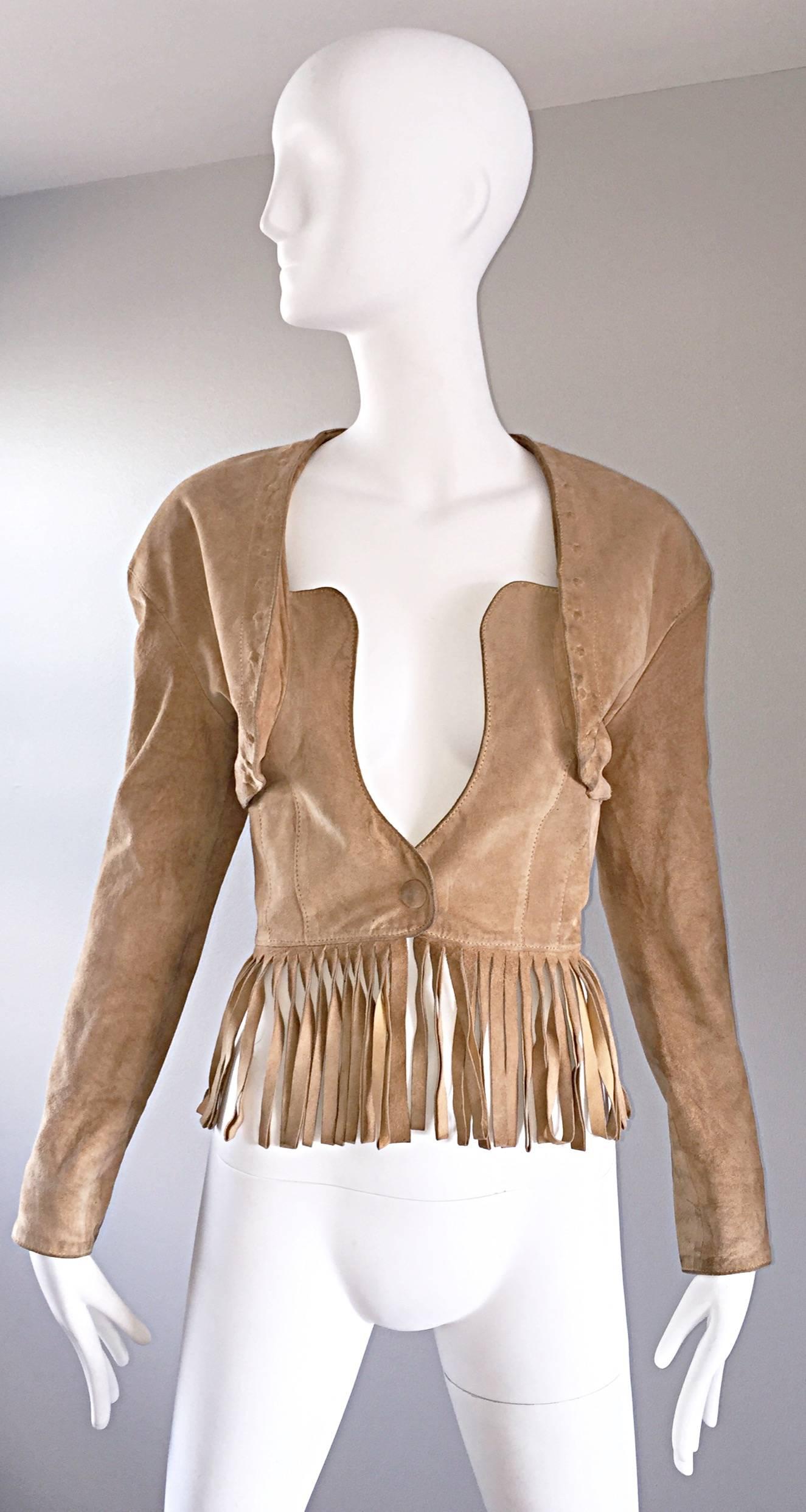 Vintage Jean Claude Jitrois 1990s Tan Beige Leather Suede Fringe Bustier Jacket  In Excellent Condition In San Diego, CA