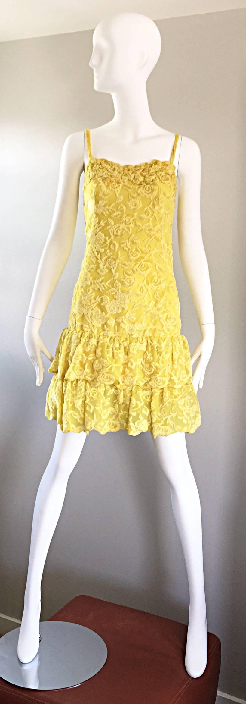Amazing vintage JAMES GALANOS vintage canary yellow dress AND blouse / jacket! Features silk velvet burn out throughout. Drop waist dress, with a fitted bodice, and two layers of Ruffles at the hem. Long sleeve lightweight blouse features chic