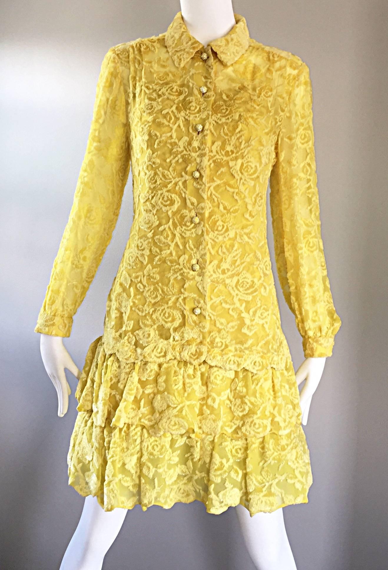 James Galanos Vintage Kanariengelbes Kleid und Bluse aus Seide und Samt mit Ausschnitt  (Gelb) im Angebot