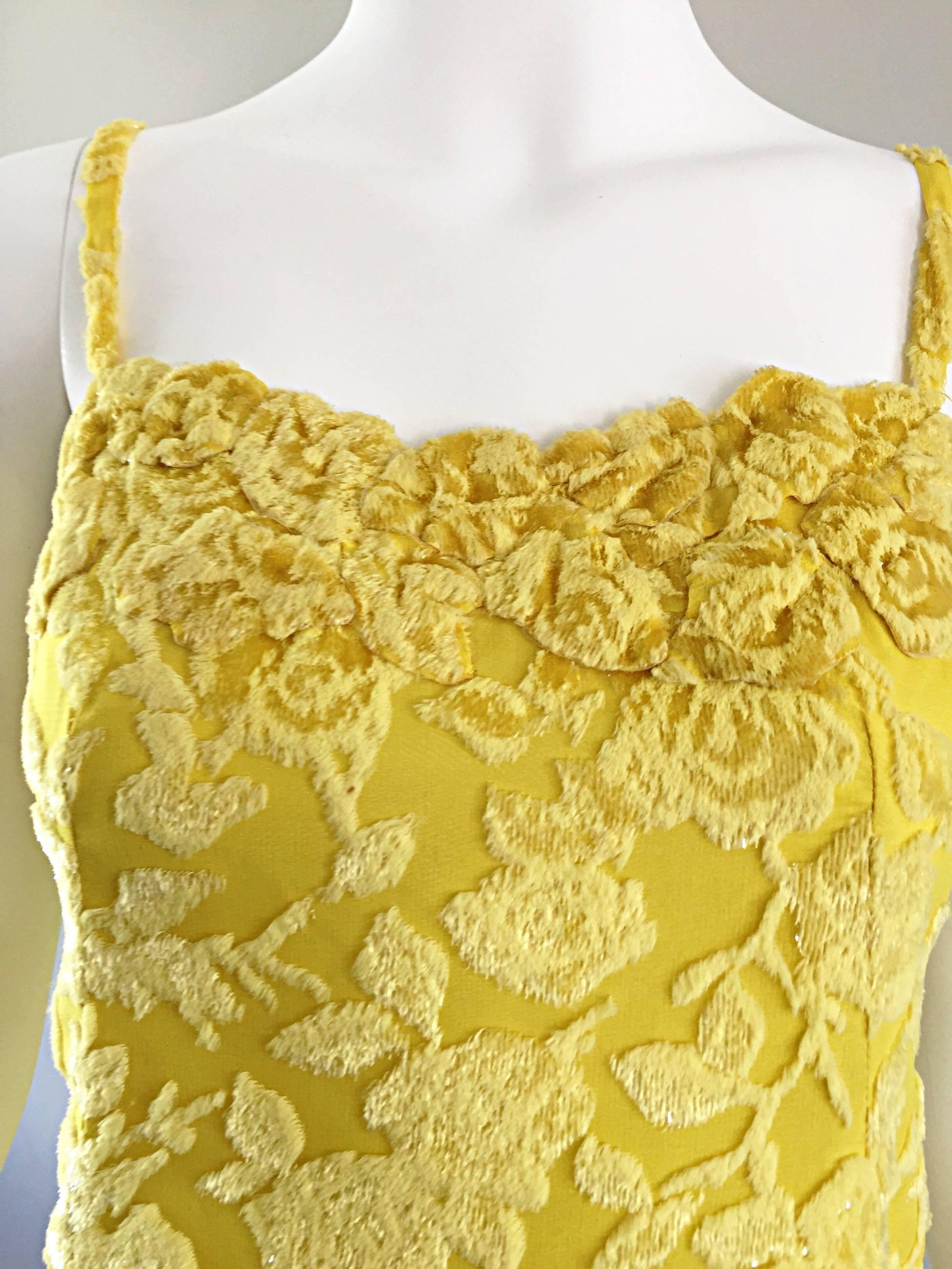 James Galanos Vintage Canary Yellow Silk + Velvet Burn Out Dress and Blouse  In Excellent Condition For Sale In San Diego, CA