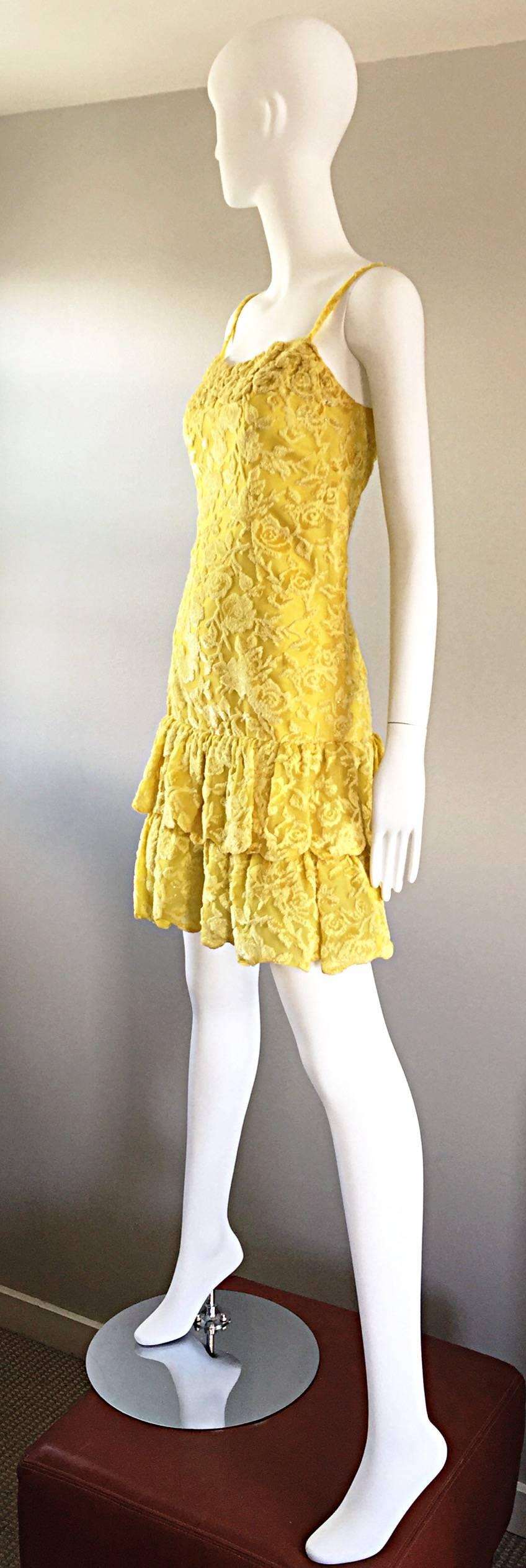 Women's James Galanos Vintage Canary Yellow Silk + Velvet Burn Out Dress and Blouse  For Sale