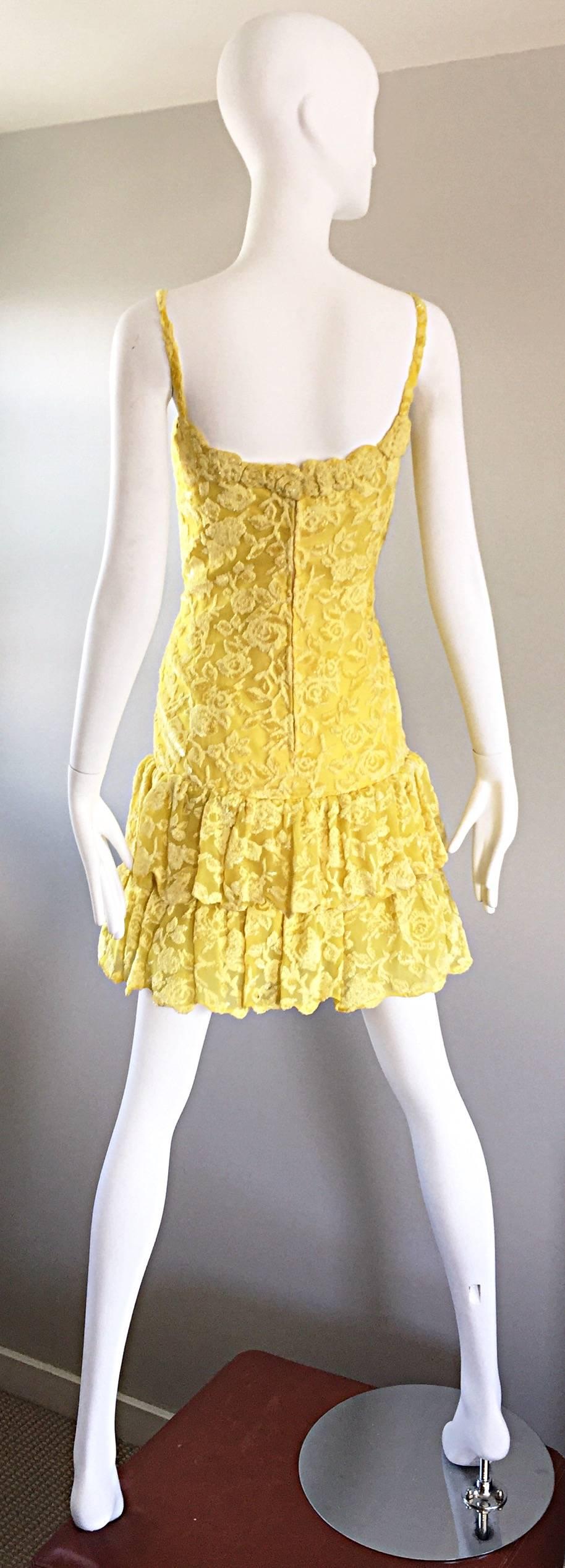 James Galanos Vintage Canary Yellow Silk + Velvet Burn Out Dress and Blouse  For Sale 1