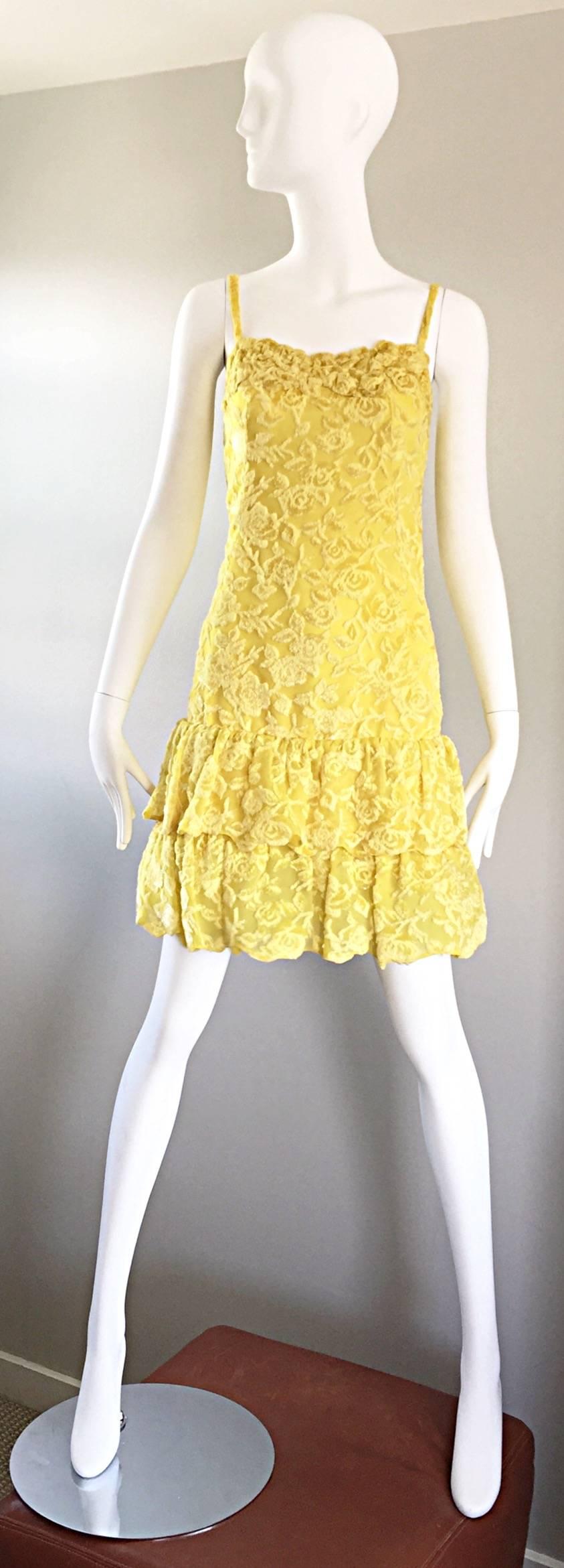 James Galanos Vintage Canary Yellow Silk + Velvet Burn Out Dress and Blouse  For Sale 2