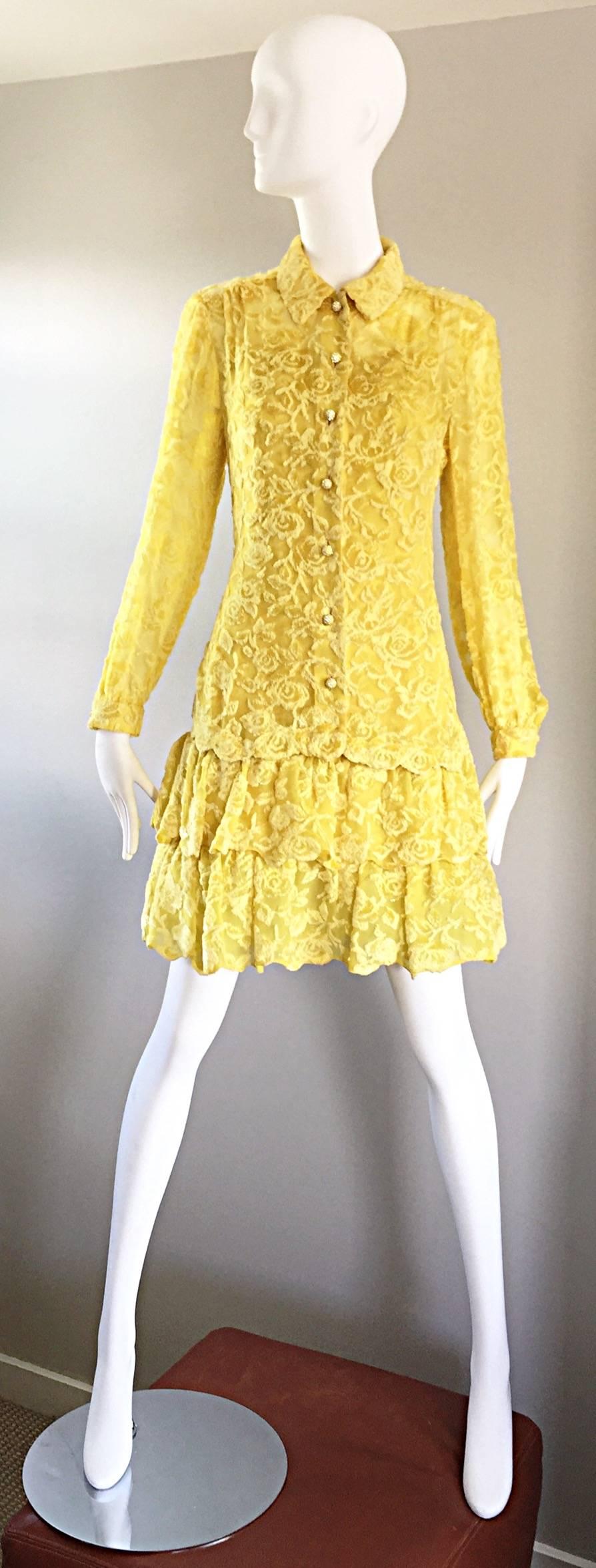 James Galanos Vintage Canary Yellow Silk + Velvet Burn Out Dress and Blouse  For Sale 3