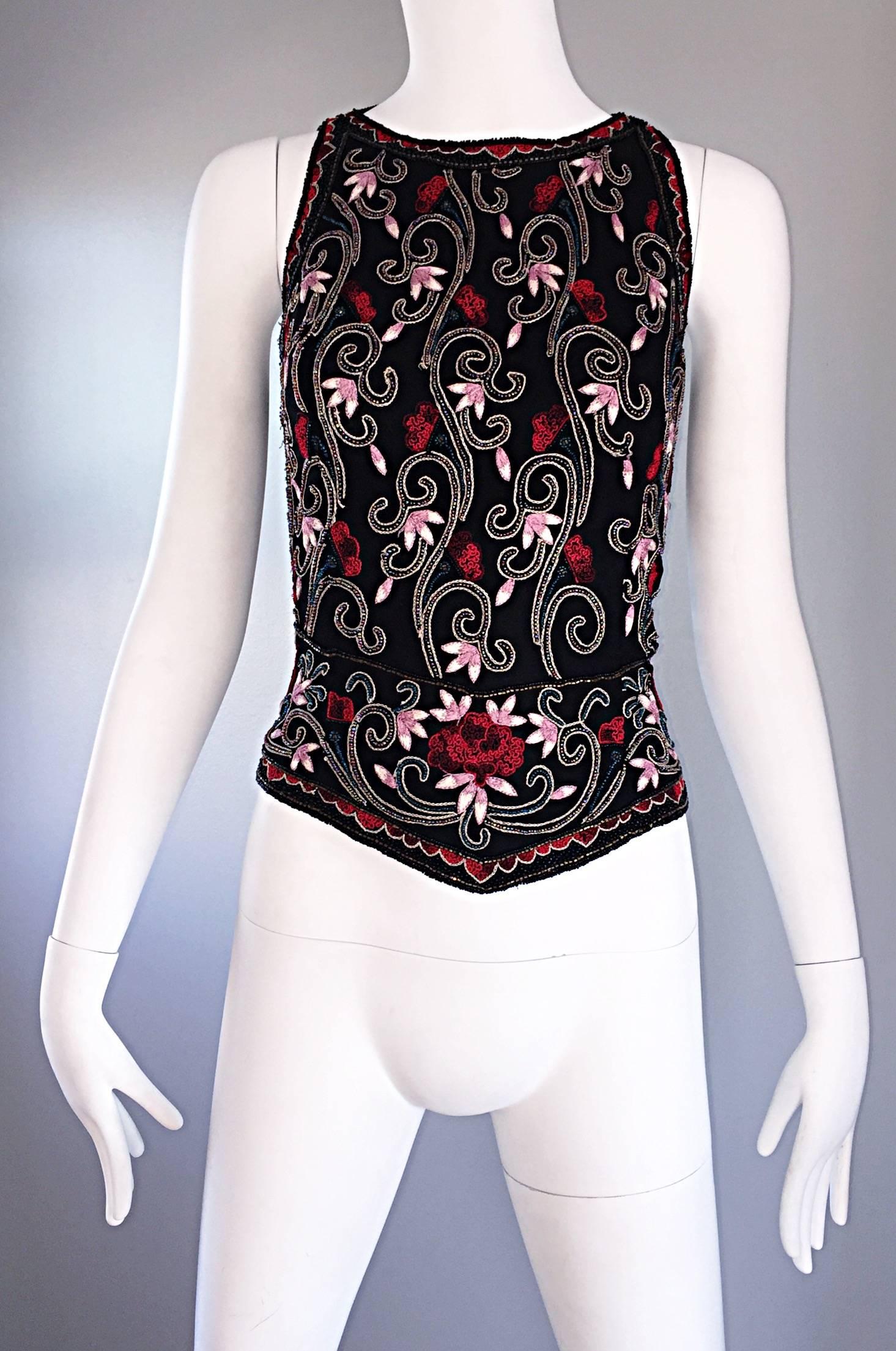 Women's Beautiful Vintage 1990s Beaded Pink + Red Regal Iridescent Sleeveless Blouse Top For Sale