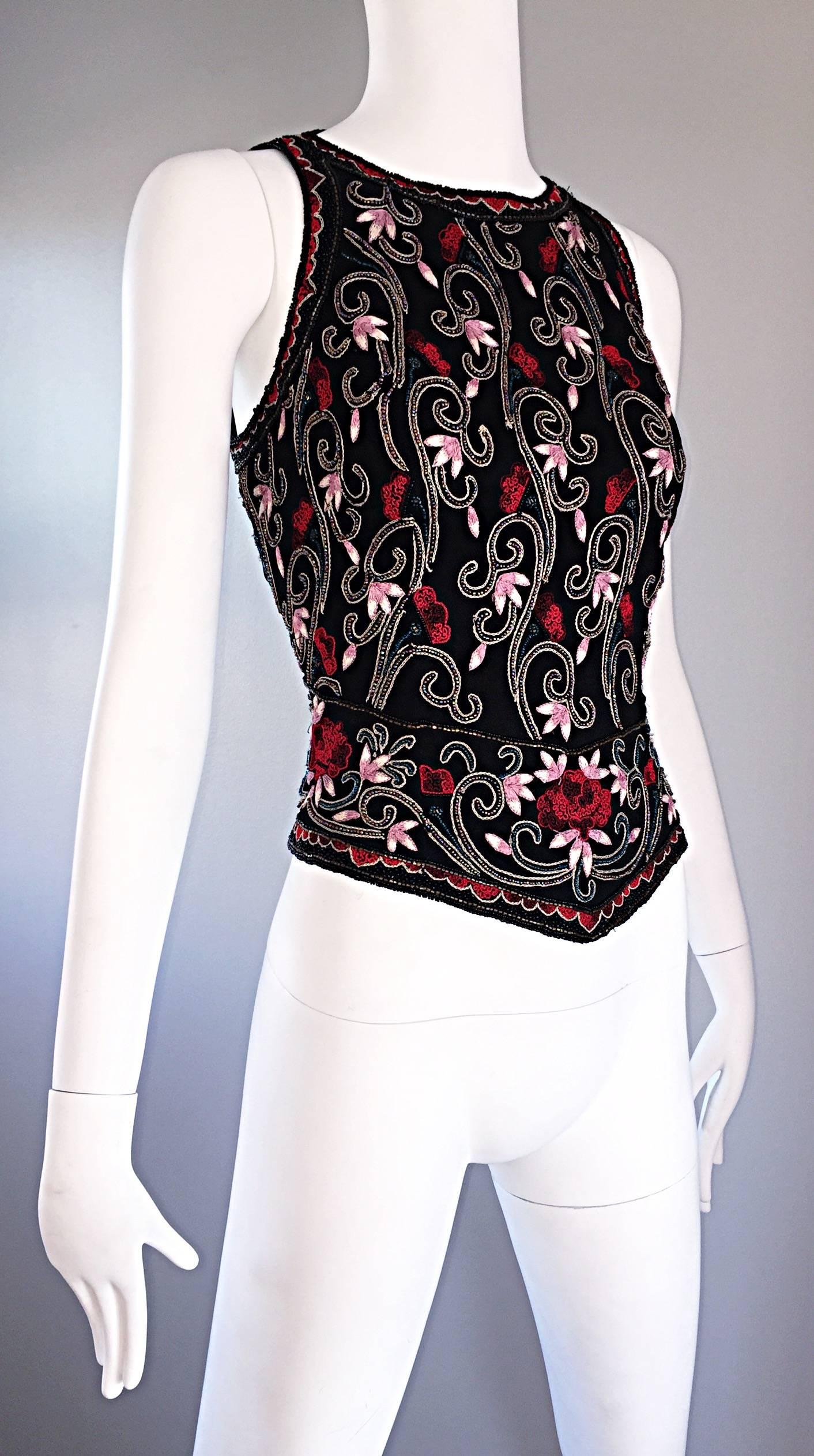 Beautiful Vintage 1990s Beaded Pink + Red Regal Iridescent Sleeveless Blouse Top For Sale 1