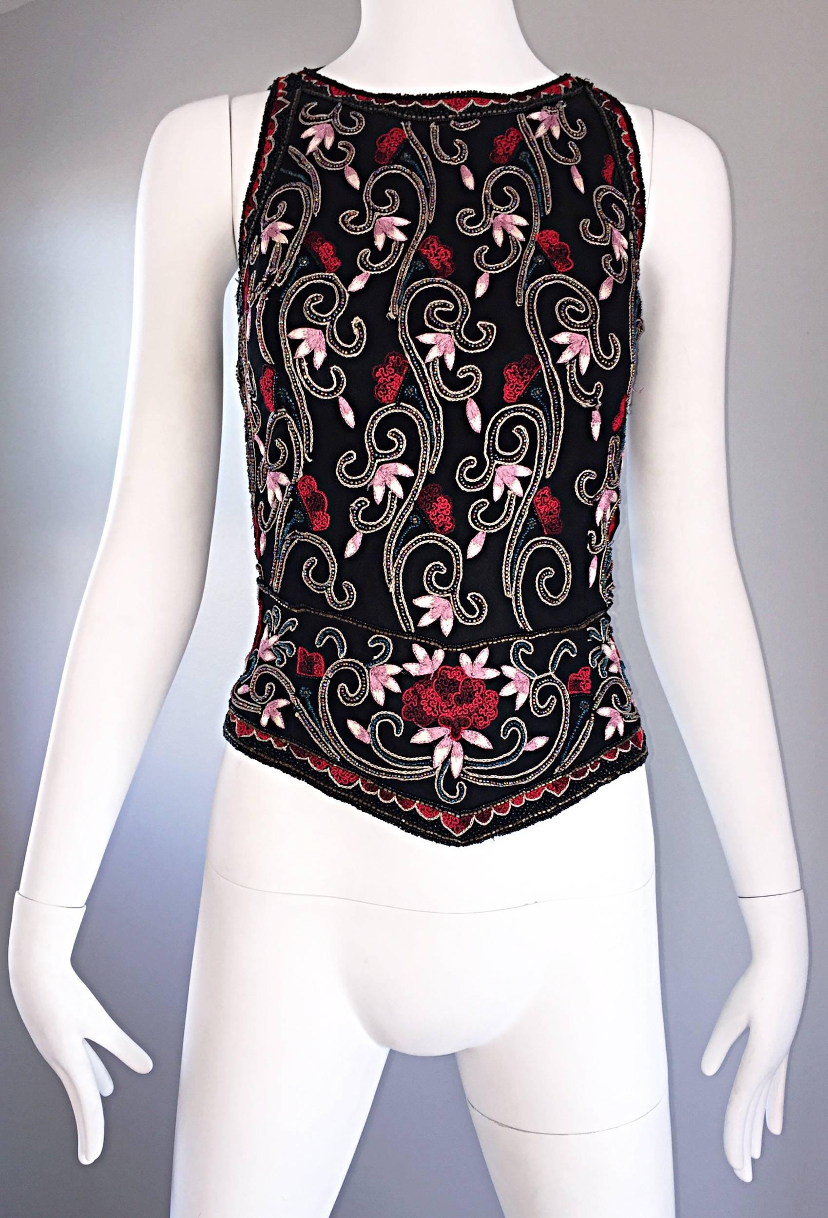 Beautiful Vintage 1990s Beaded Pink + Red Regal Iridescent Sleeveless Blouse Top For Sale 3