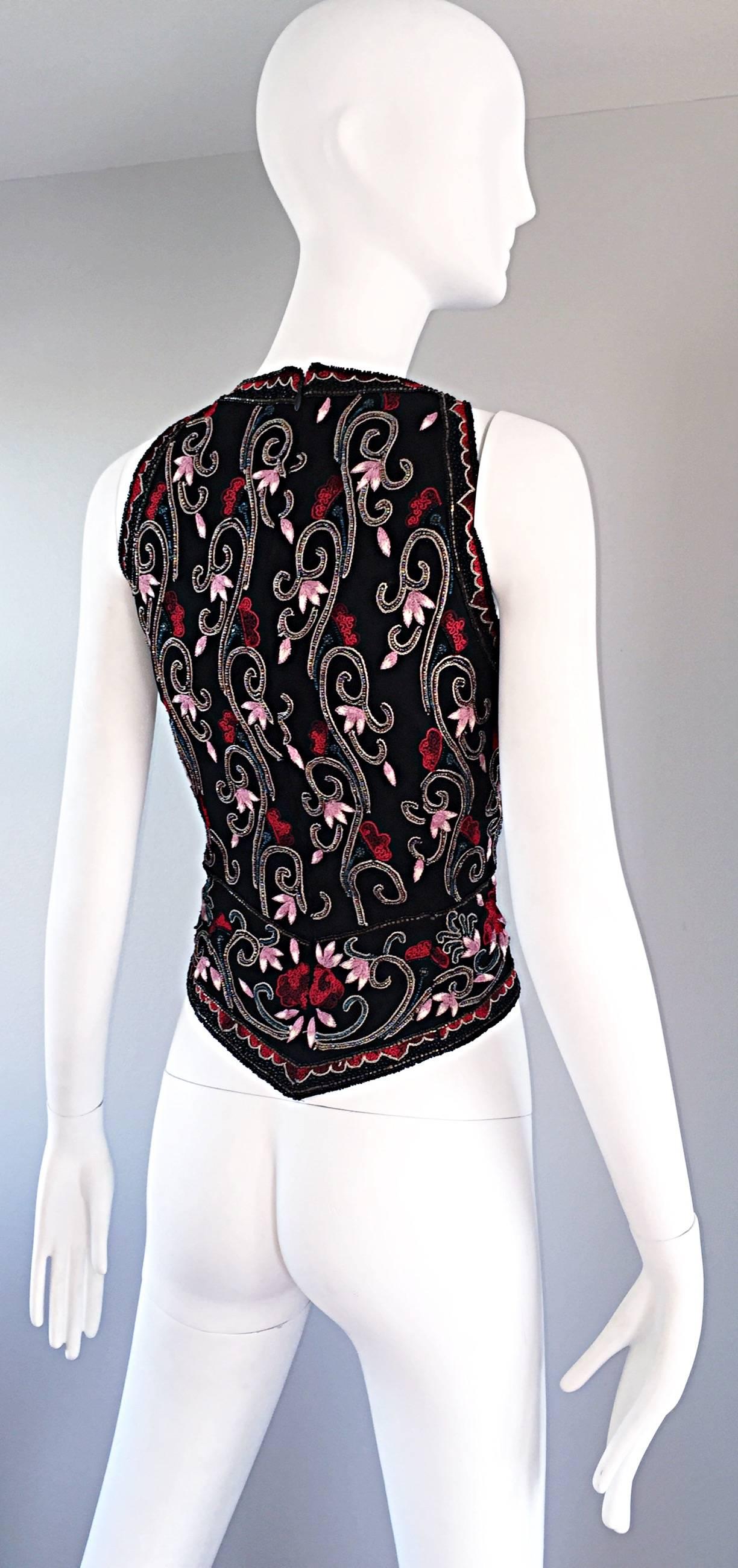 Beautiful Vintage 1990s Beaded Pink + Red Regal Iridescent Sleeveless Blouse Top For Sale 2