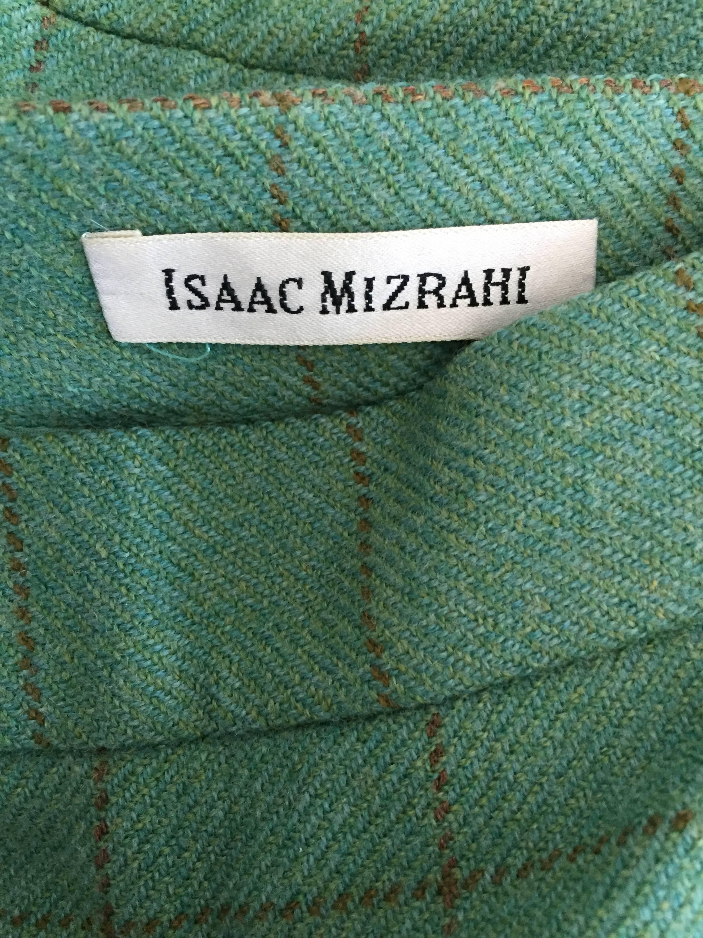 Vintage Isaac Mizrahi Green and Brown Wool + Leather Asian Inspired Skirt Suit 2