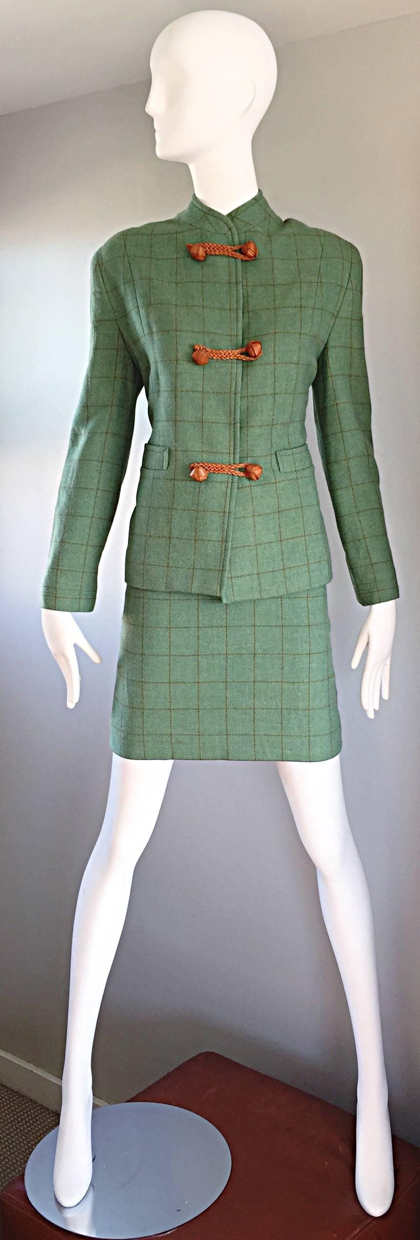 Vintage Isaac Mizrahi Green and Brown Wool + Leather Asian Inspired Skirt Suit 1