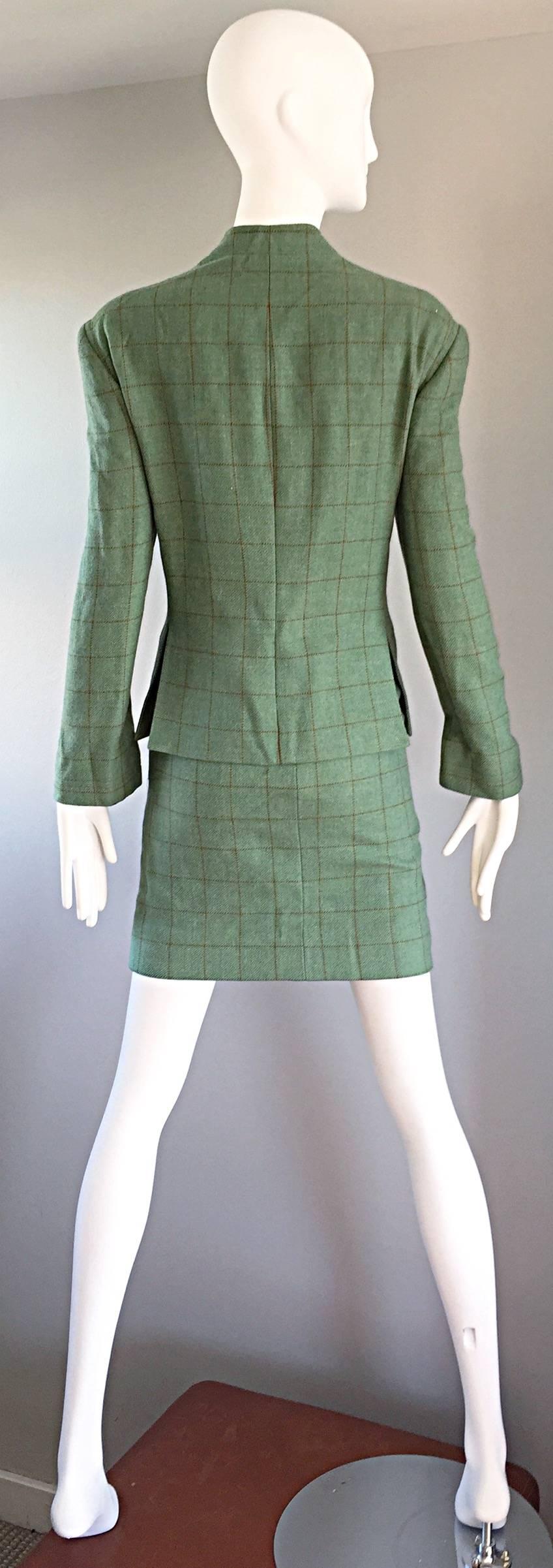 Gray Vintage Isaac Mizrahi Green and Brown Wool + Leather Asian Inspired Skirt Suit