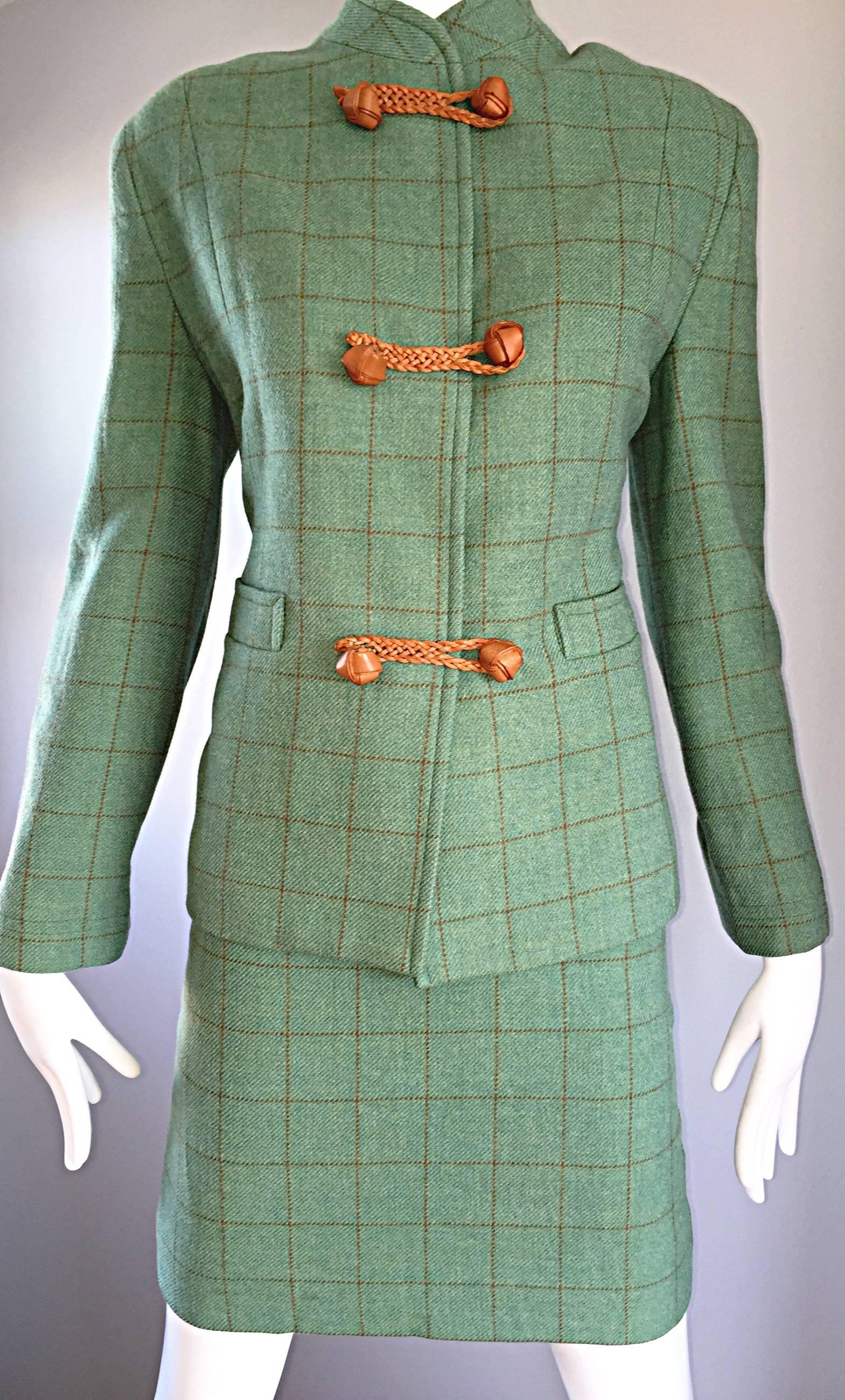 Vintage Isaac Mizrahi Green and Brown Wool + Leather Asian Inspired Skirt Suit In Excellent Condition In San Diego, CA