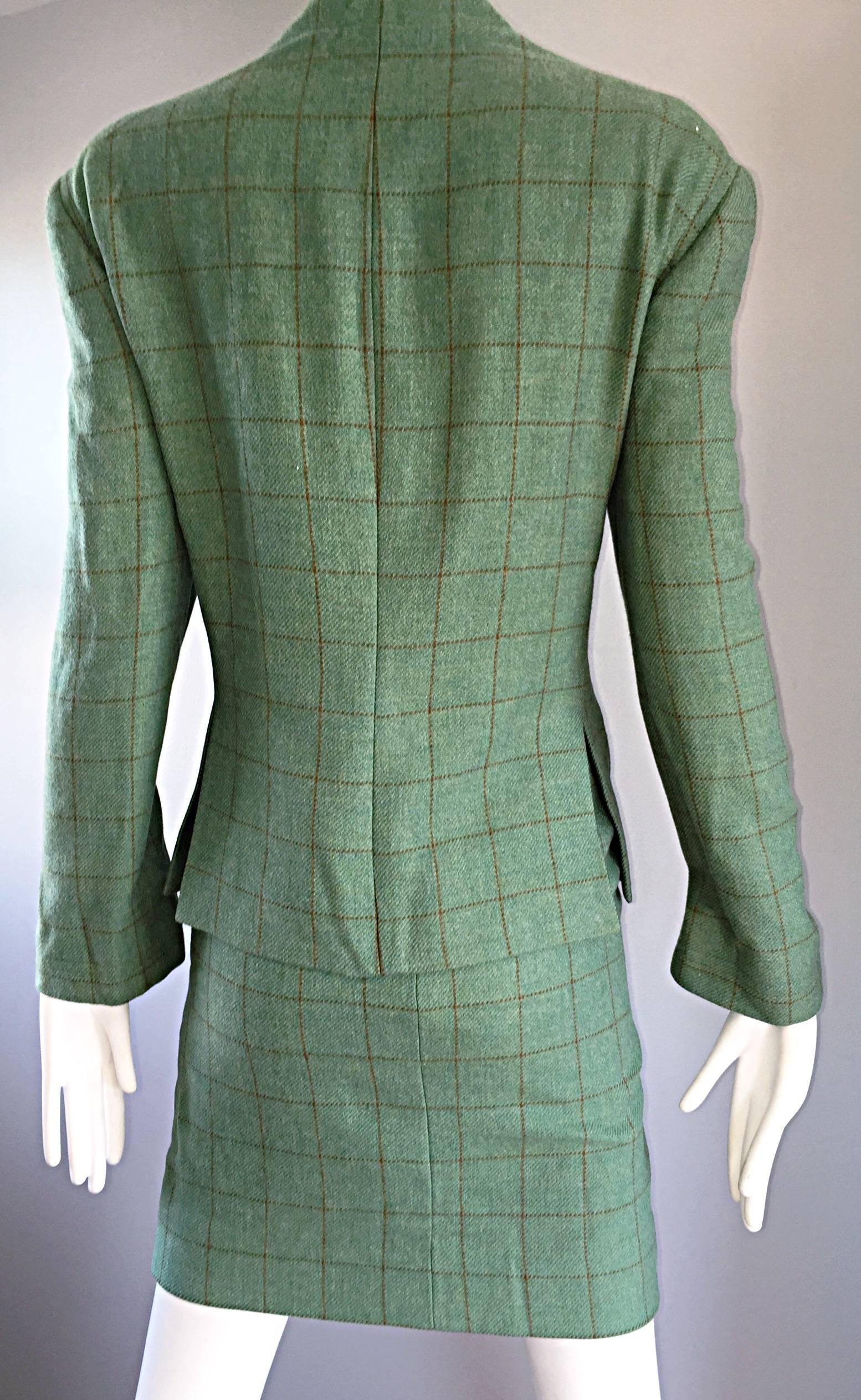 Women's Vintage Isaac Mizrahi Green and Brown Wool + Leather Asian Inspired Skirt Suit