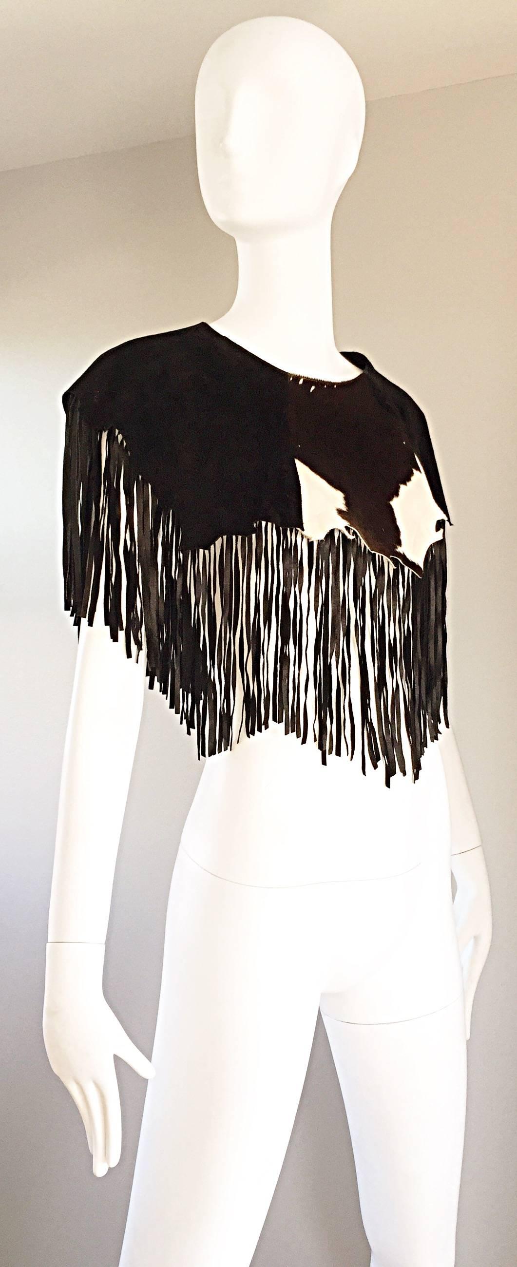 Black Amazing Vintage Ricky Nell Cow Hide Leather + Suede Fringed Boho Bib Collar  For Sale