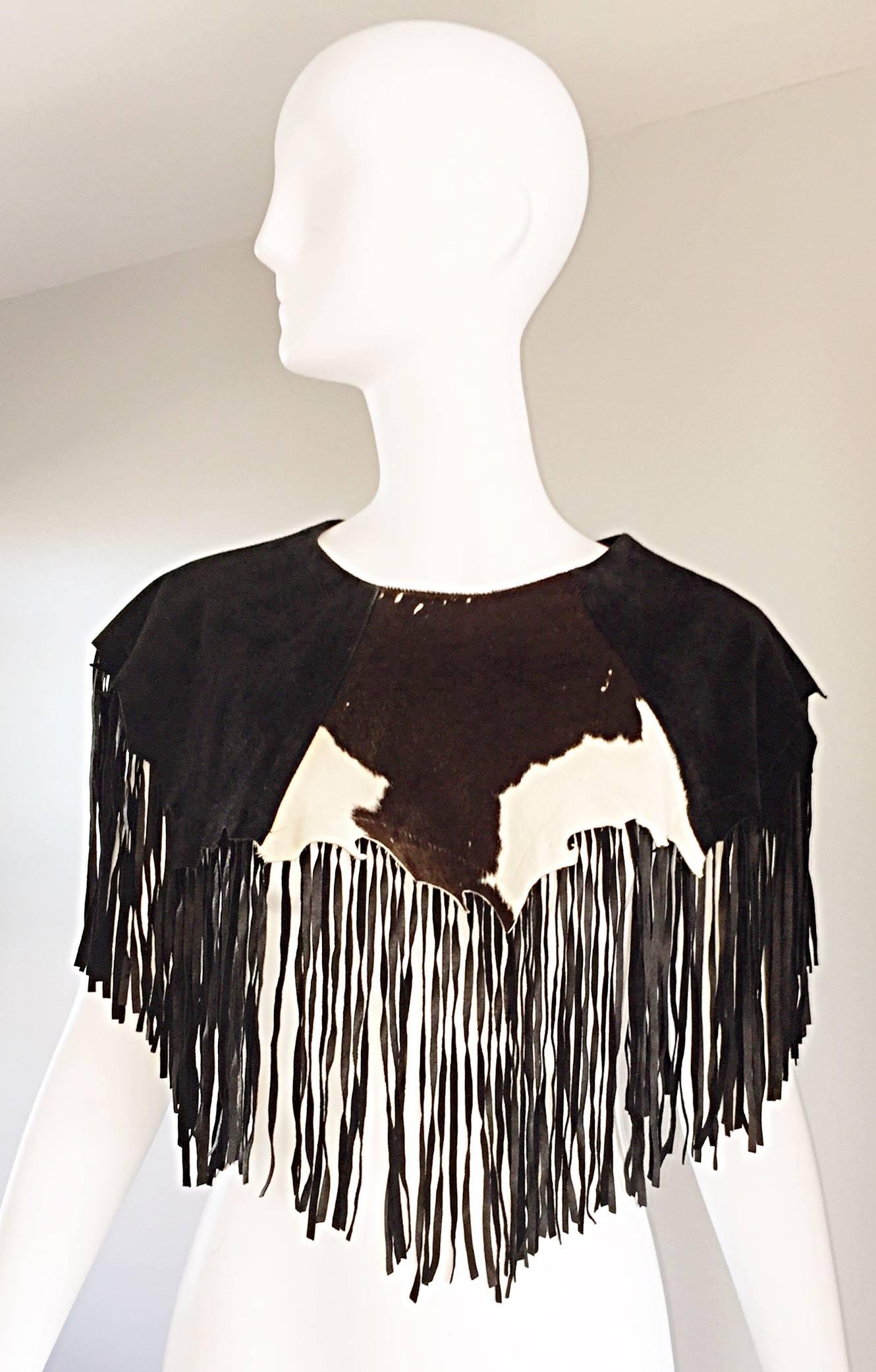 Amazing Vintage Ricky Nell Cow Hide Leather + Suede Fringed Boho Bib Collar  For Sale 3